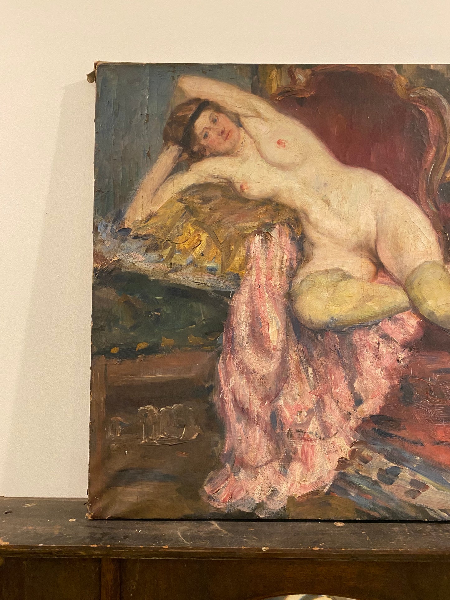 Large Antique Nude Oil Painting on Stretched Canvas by Rudolf Petuel - 29x32”