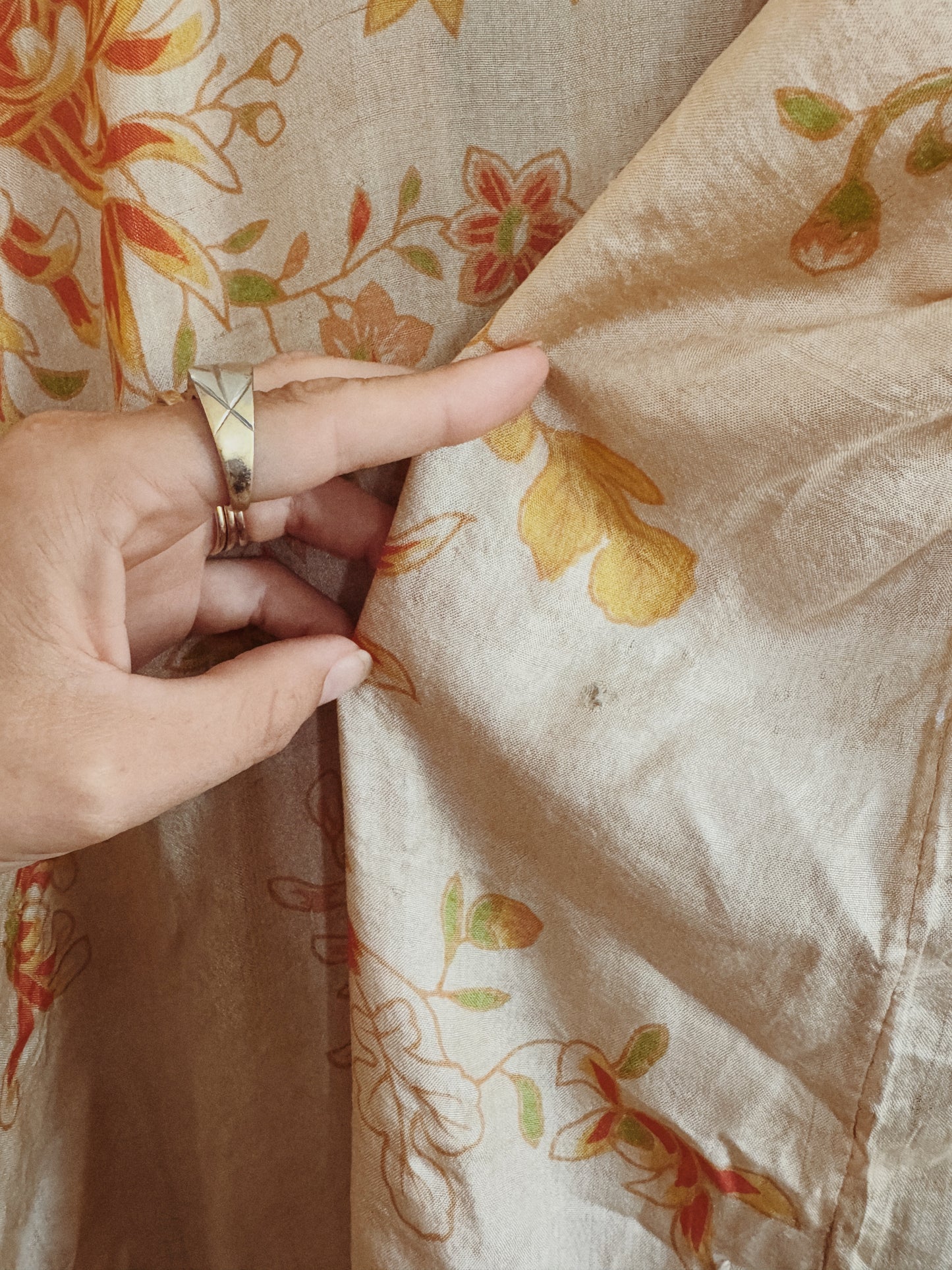 1920s Chartreuse Pongee Silk Duster w/ Chrysanthemum + Autumnal Leaves