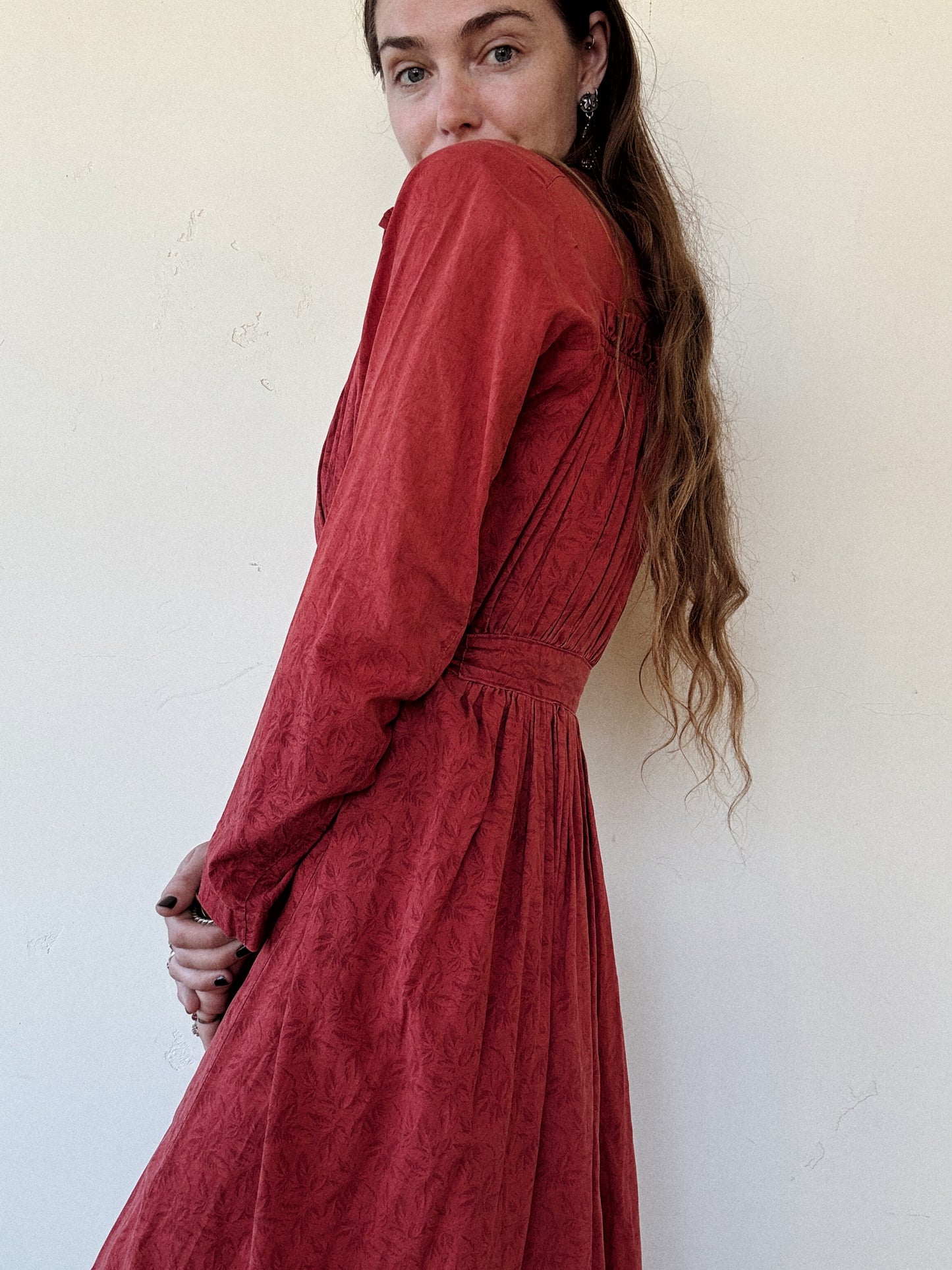 Antique 1800s Red Oak Leaf Wrapper Dress