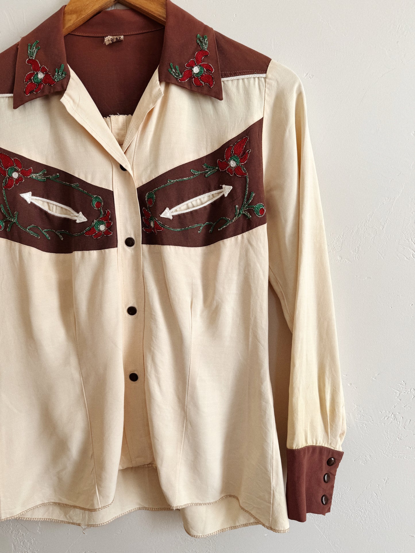 1940s Western Creme + Brown Chain Stitched Blouse- S-S/M
