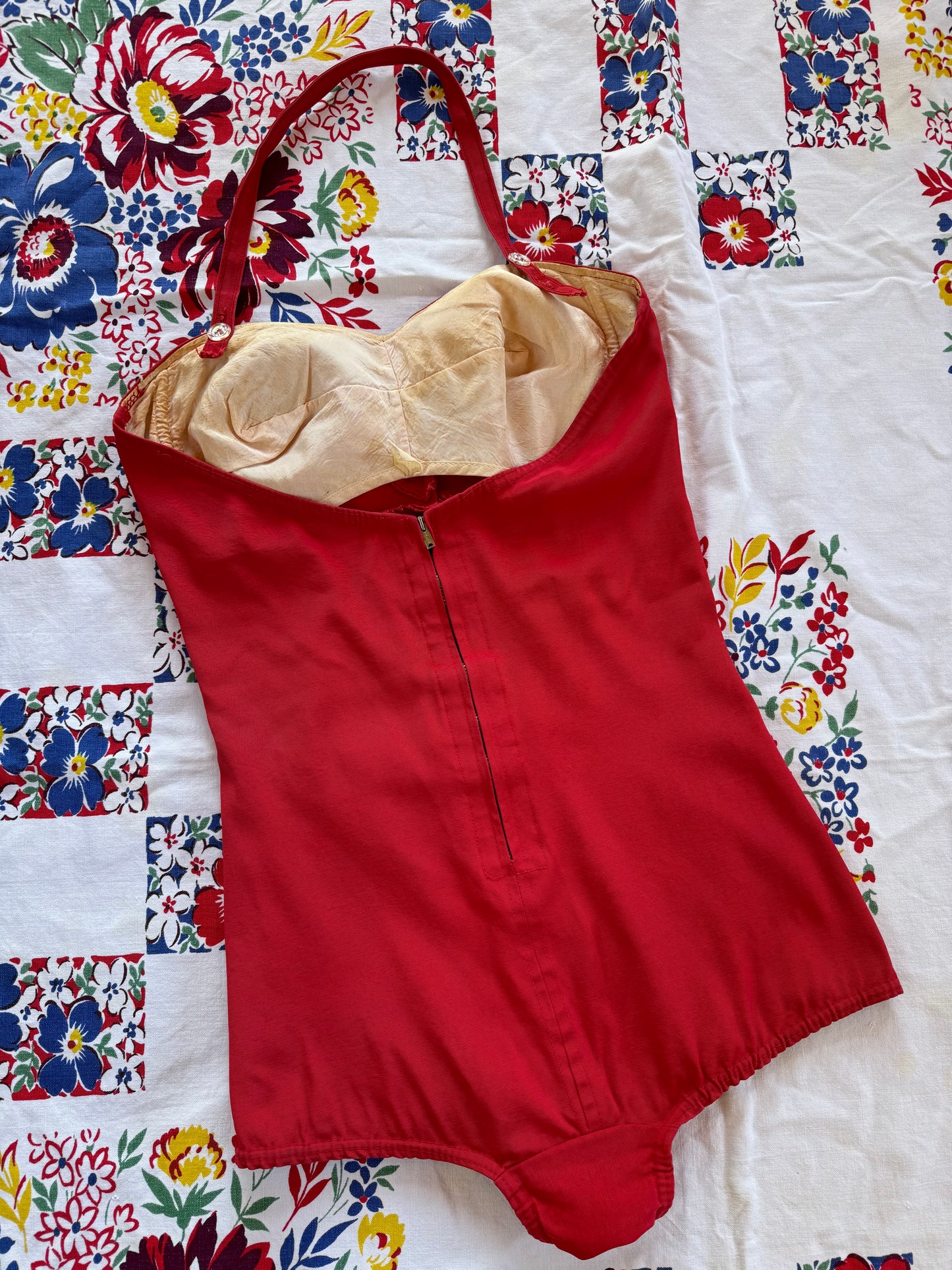 1950s Crimson Bullet Bra Halter Bathing Suit w/ Soutache Design- M/L