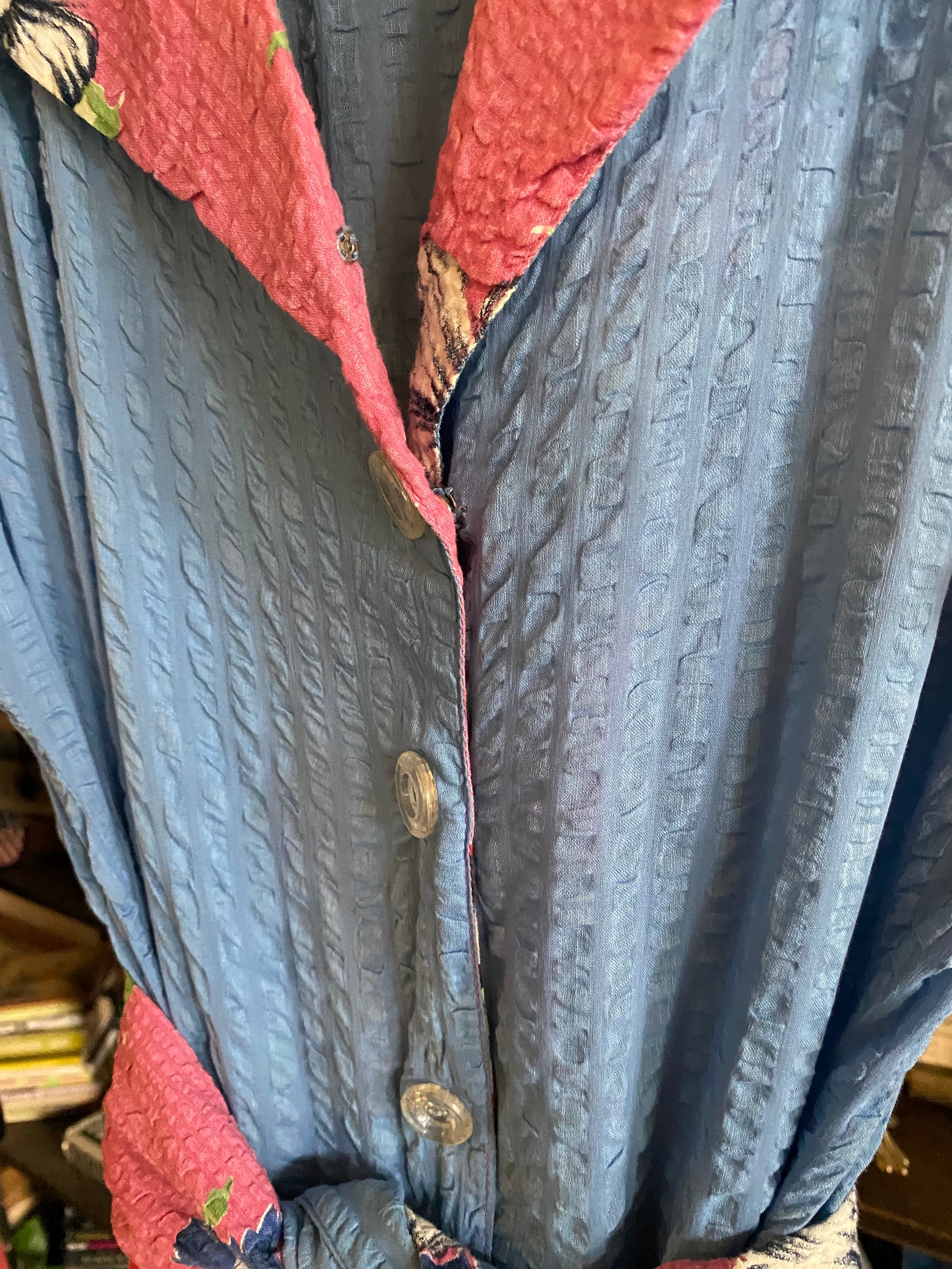 1930s/40s Blue + Pink Floral Seersucker Hostess Dress- M