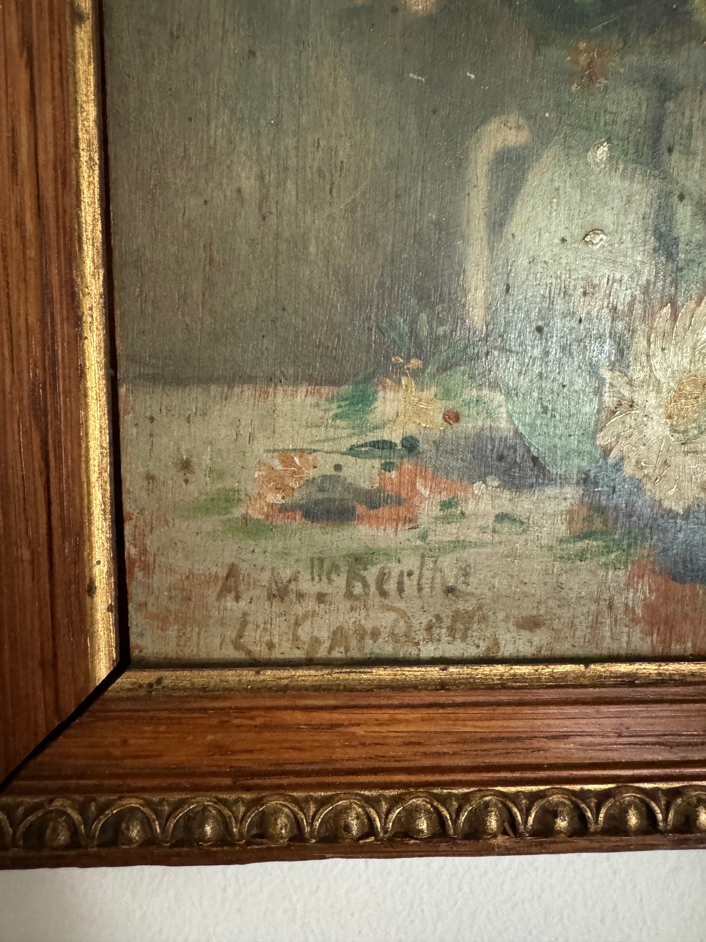 Antique French Spring Daisy Still Life. Oil on Wood- 10 x 8”
