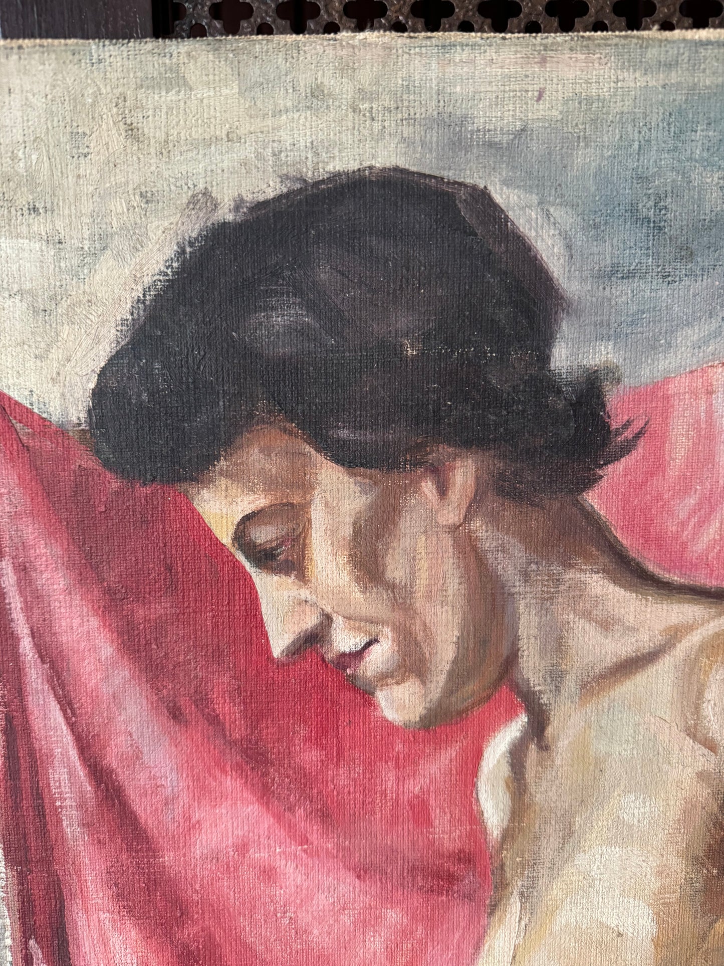 1940s Nude Painting of a Woman w/ Striped Towel Signed Waterman- 18x22”