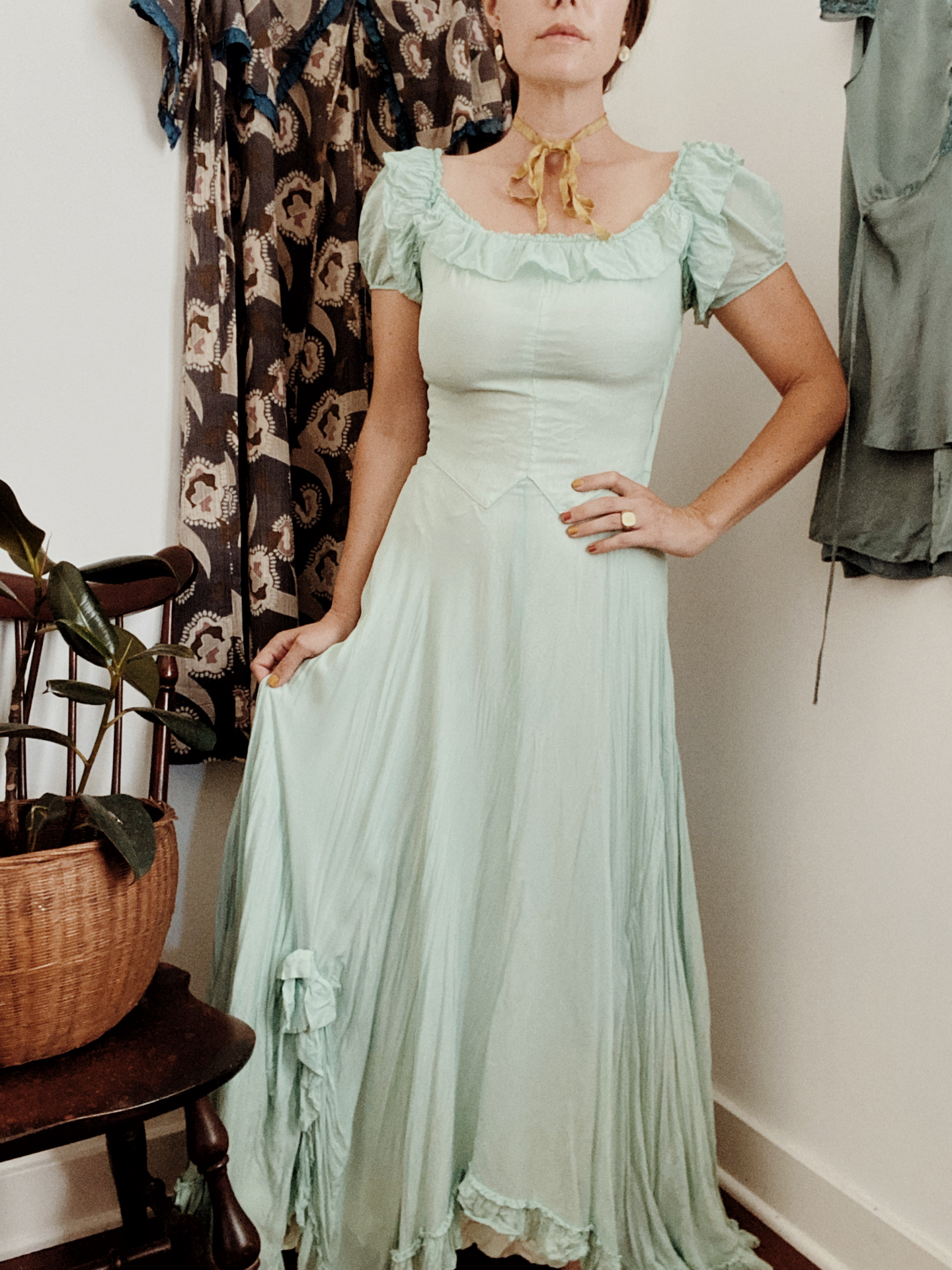 1940s Minty Chiffon Ruffled Gown- 5/6
