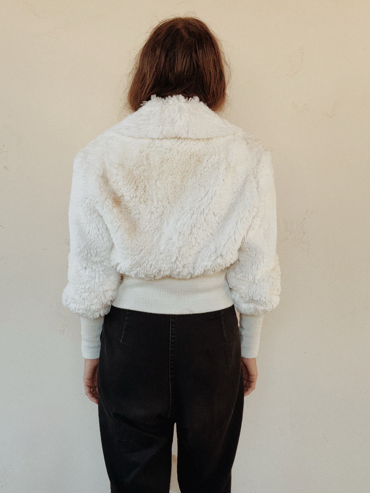 1970s White Cropped Faux Fur Jacket w/ Mutton Sleeves- M/L