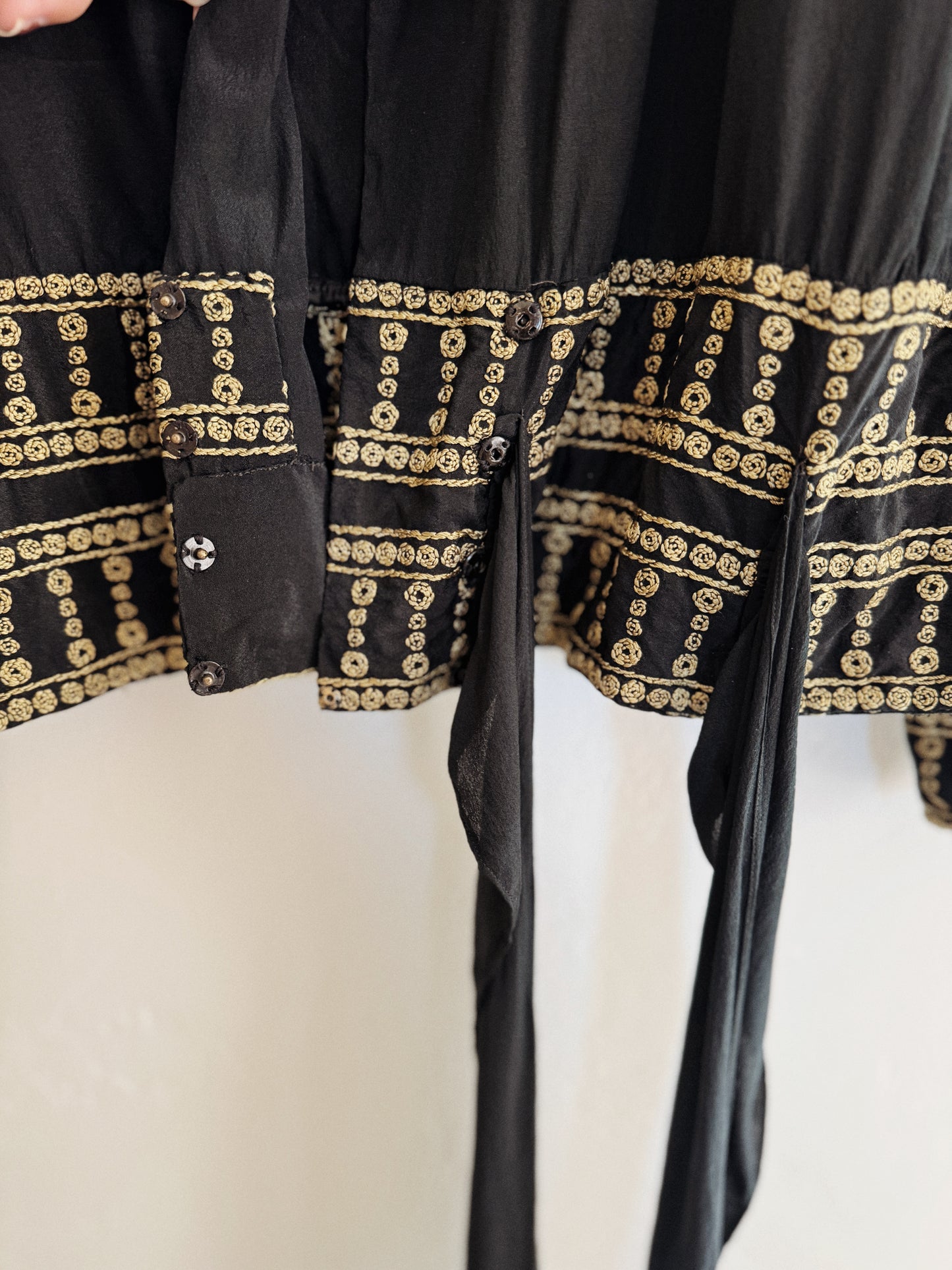 1920s/30s Grecian Black Silk Crepe Blouse w/ Gold Embroidery- S/M