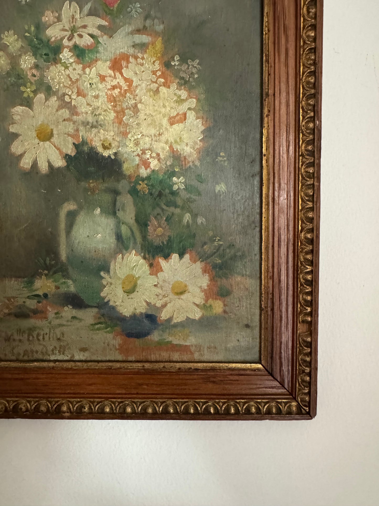 Antique French Spring Daisy Still Life. Oil on Wood- 10 x 8”