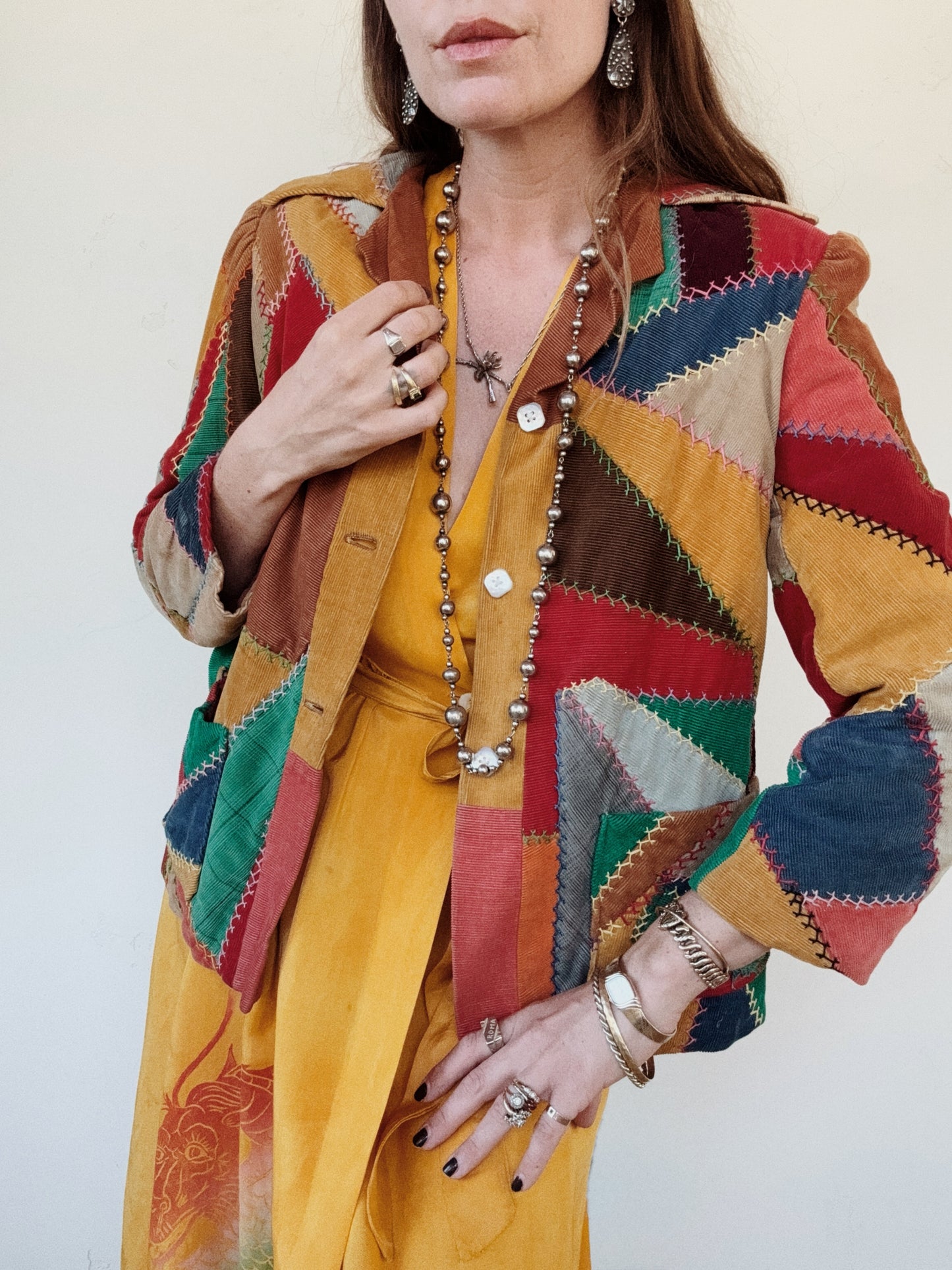 1940s Corduroy Crazy Quilt Jacket w/ Puffed Shoulders- S-M