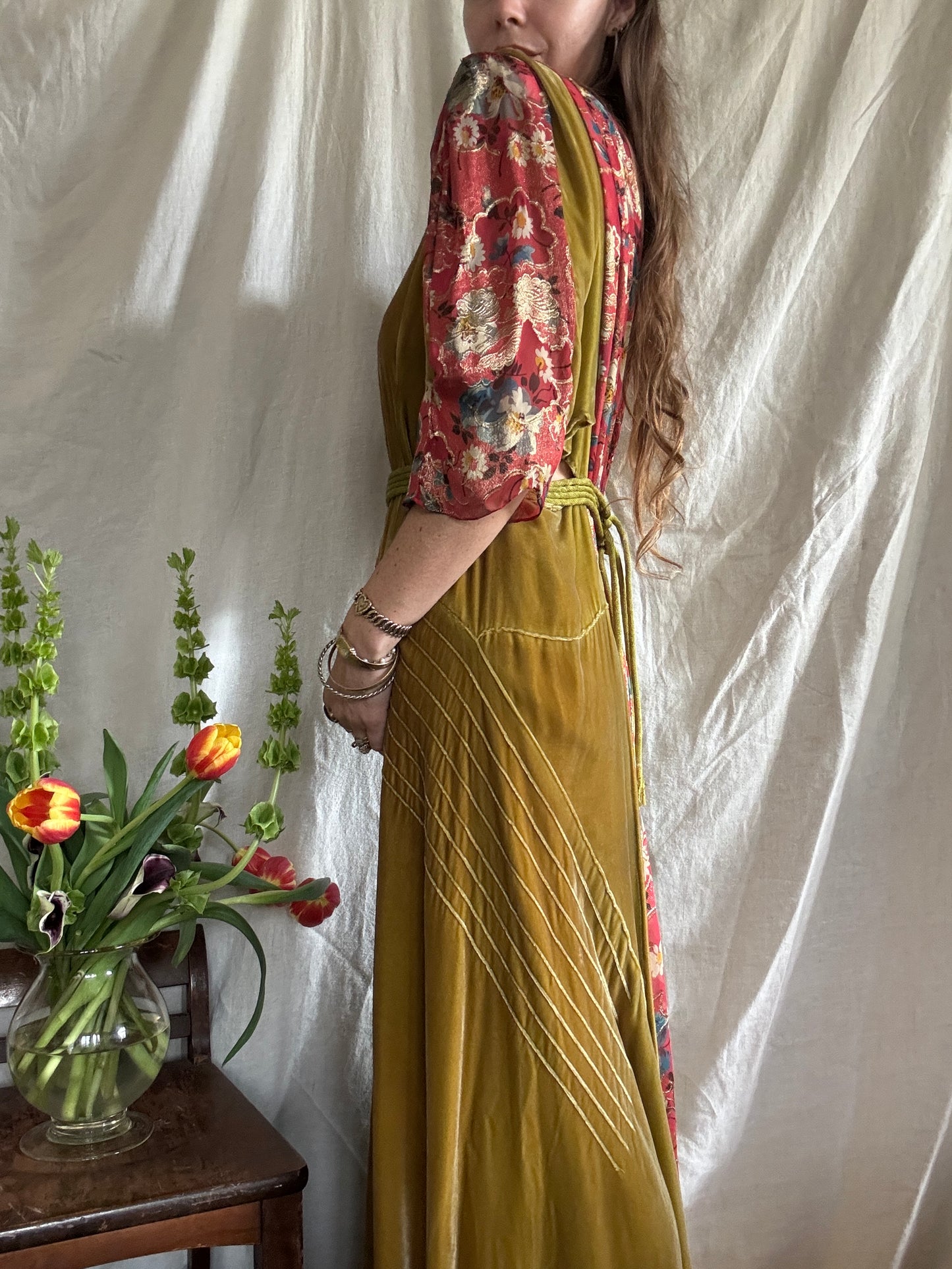 1930s Medieval Golden Velvet + Red Floral Lamé Gown- S/M