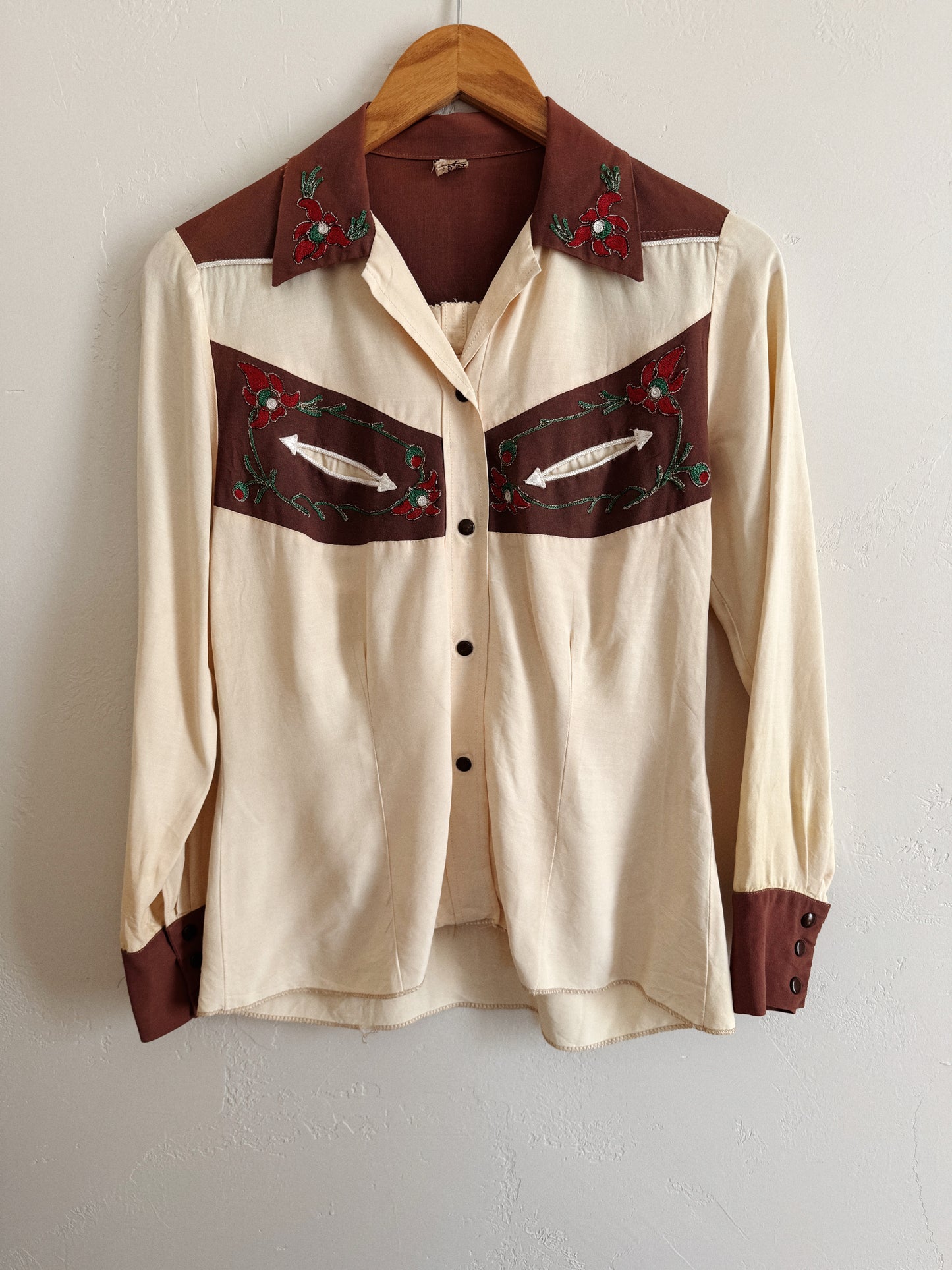 1940s Western Creme + Brown Chain Stitched Blouse- S-S/M