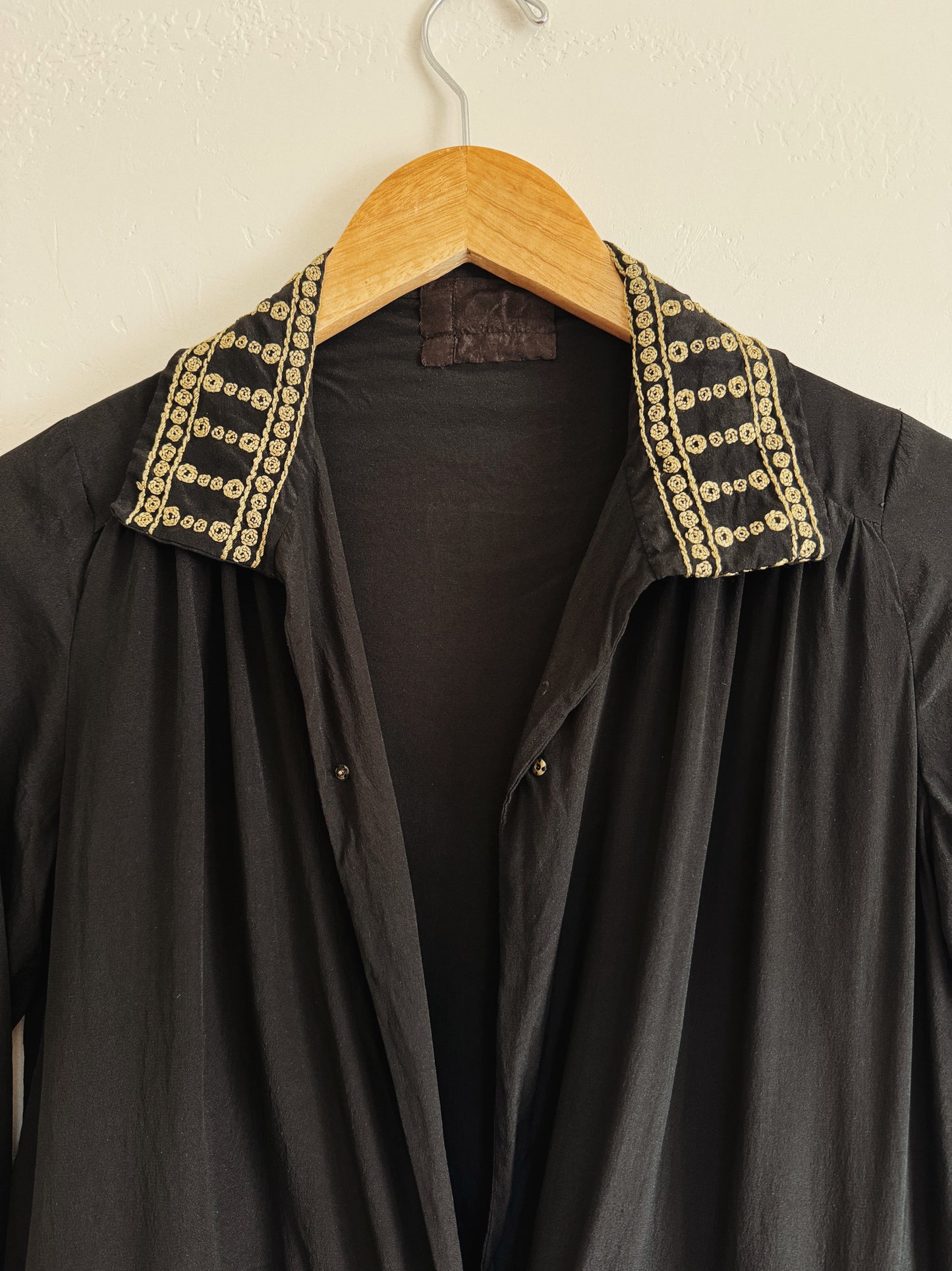 1920s/30s Grecian Black Silk Crepe Blouse w/ Gold Embroidery- S/M
