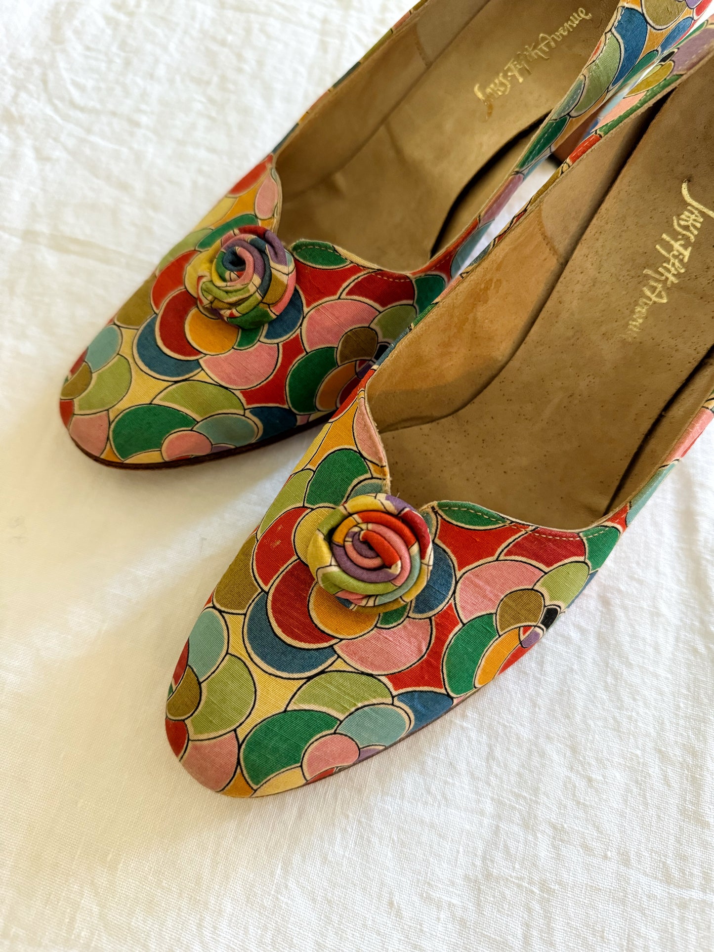 1950s/60s Saks Fifth Avenue Rainbow Pop Art Silk Heels- 7.5