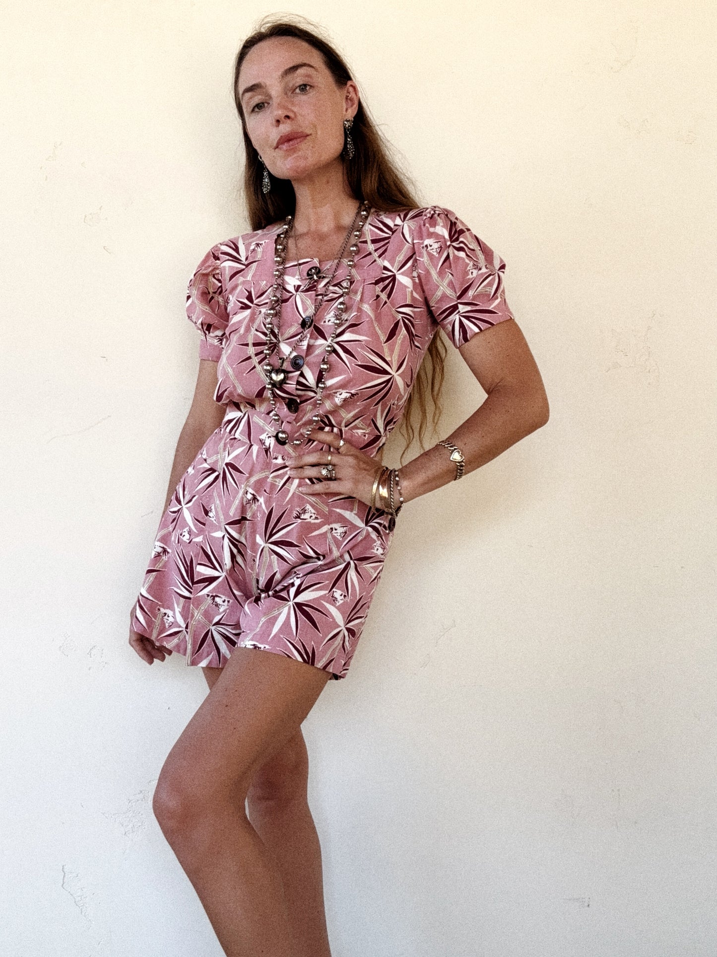 1940s Mauve + Burgundy Side Button Playsuit- S/M