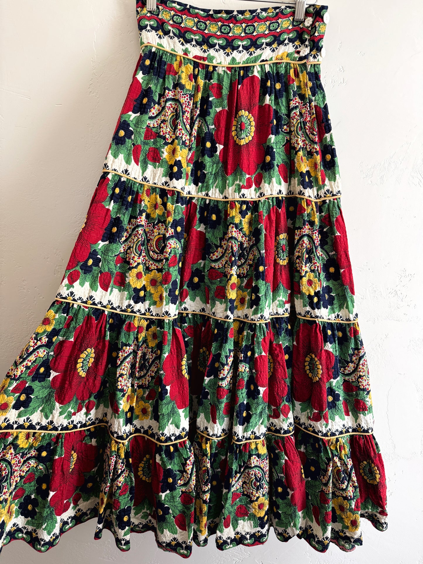 1940s Red + Navy Floral Seersucker Maxi Skirt- S/M