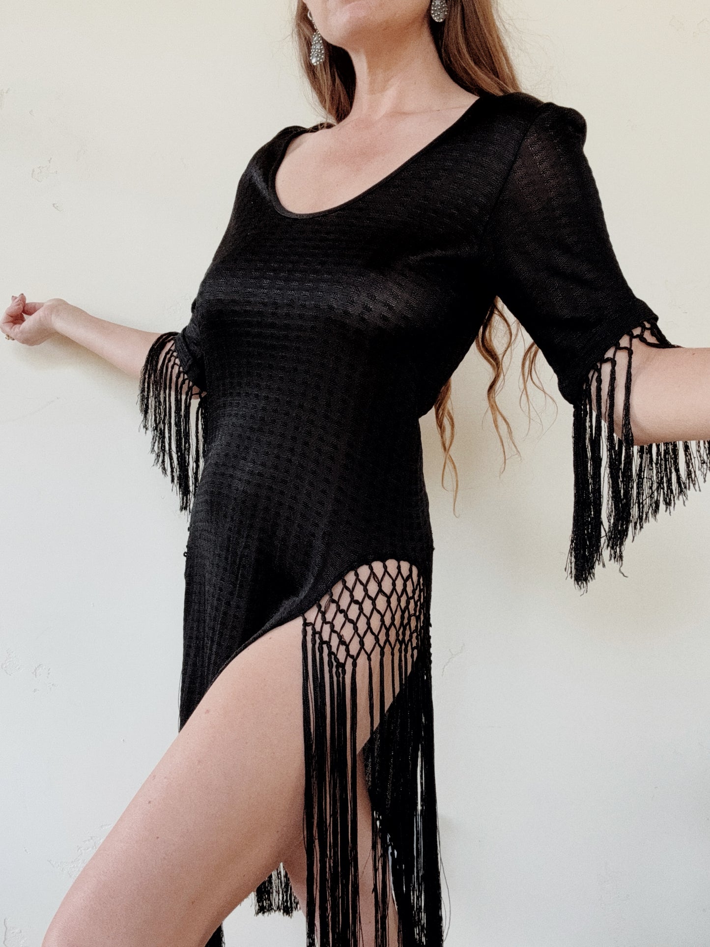 1920s Black Knit Rayon Jersey Fringe Dress- S/M