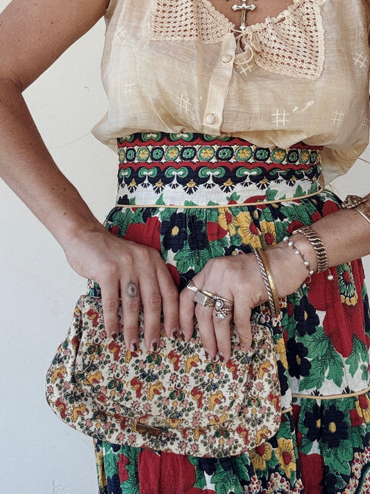 1940s Mythical Unicorn Bark Cloth Clutch w/ Stud Clasp