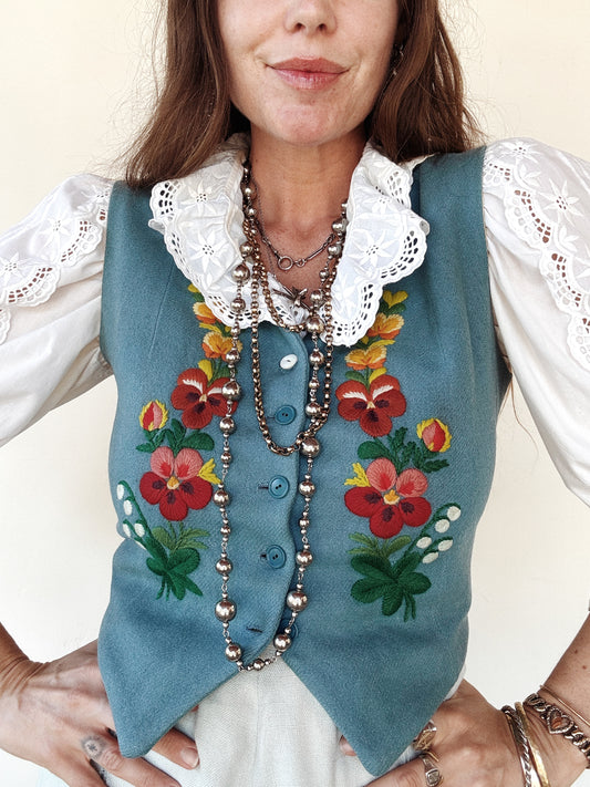 1930s/40s Cornflower Blue Embroidered Floral Waistcoat Vest- S/M