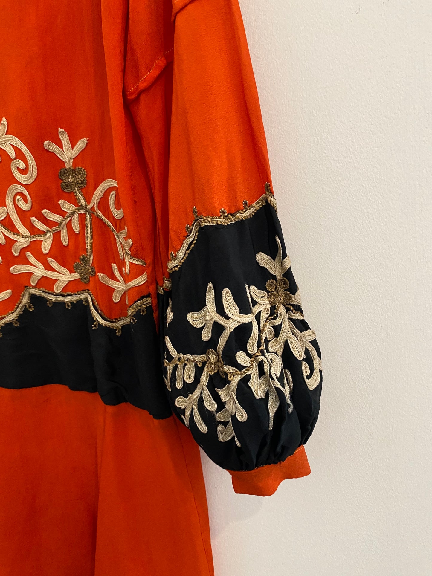 1920s Carnelian Silk Crepe Soutache Dress w/ Bishop Sleeves- XS/S