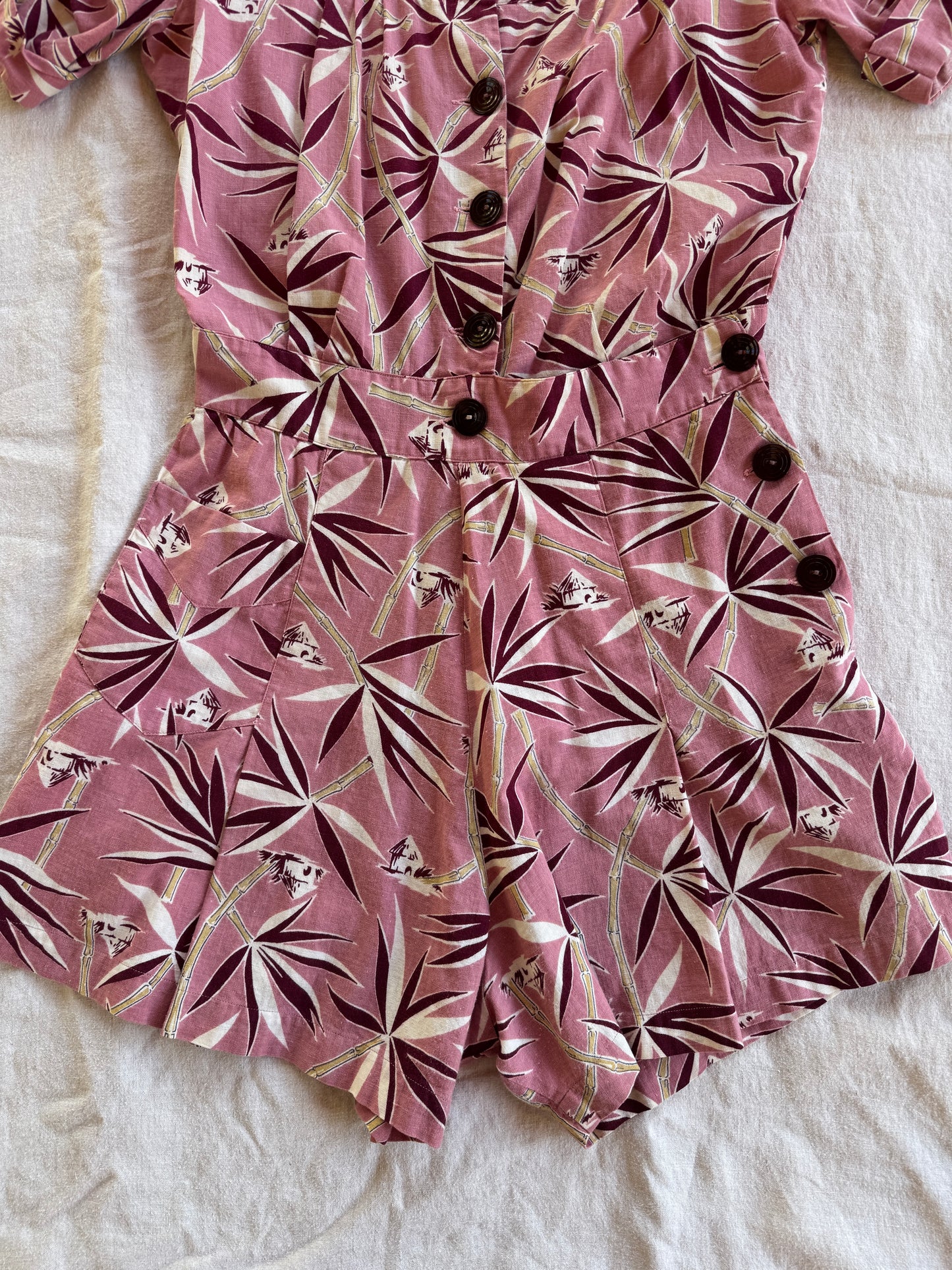 1940s Mauve + Burgundy Side Button Playsuit- S/M