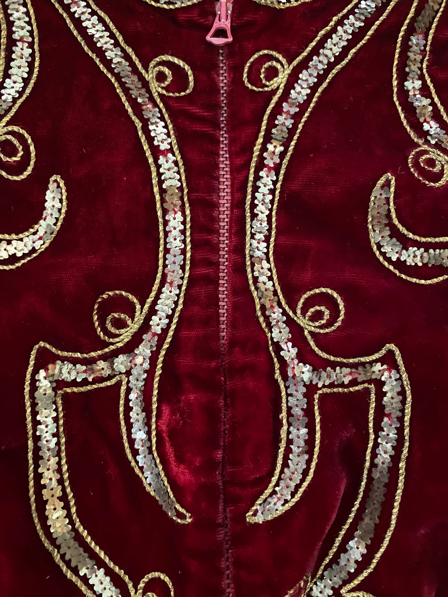 1930s Blood Red Silk Velvet Sequin Cropped Top w/ Bell Zip- S