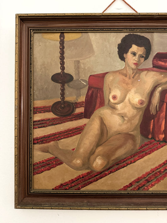 Mid Century Nude of Moroccan Woman on Red Striped Carpet- 21 x 25”