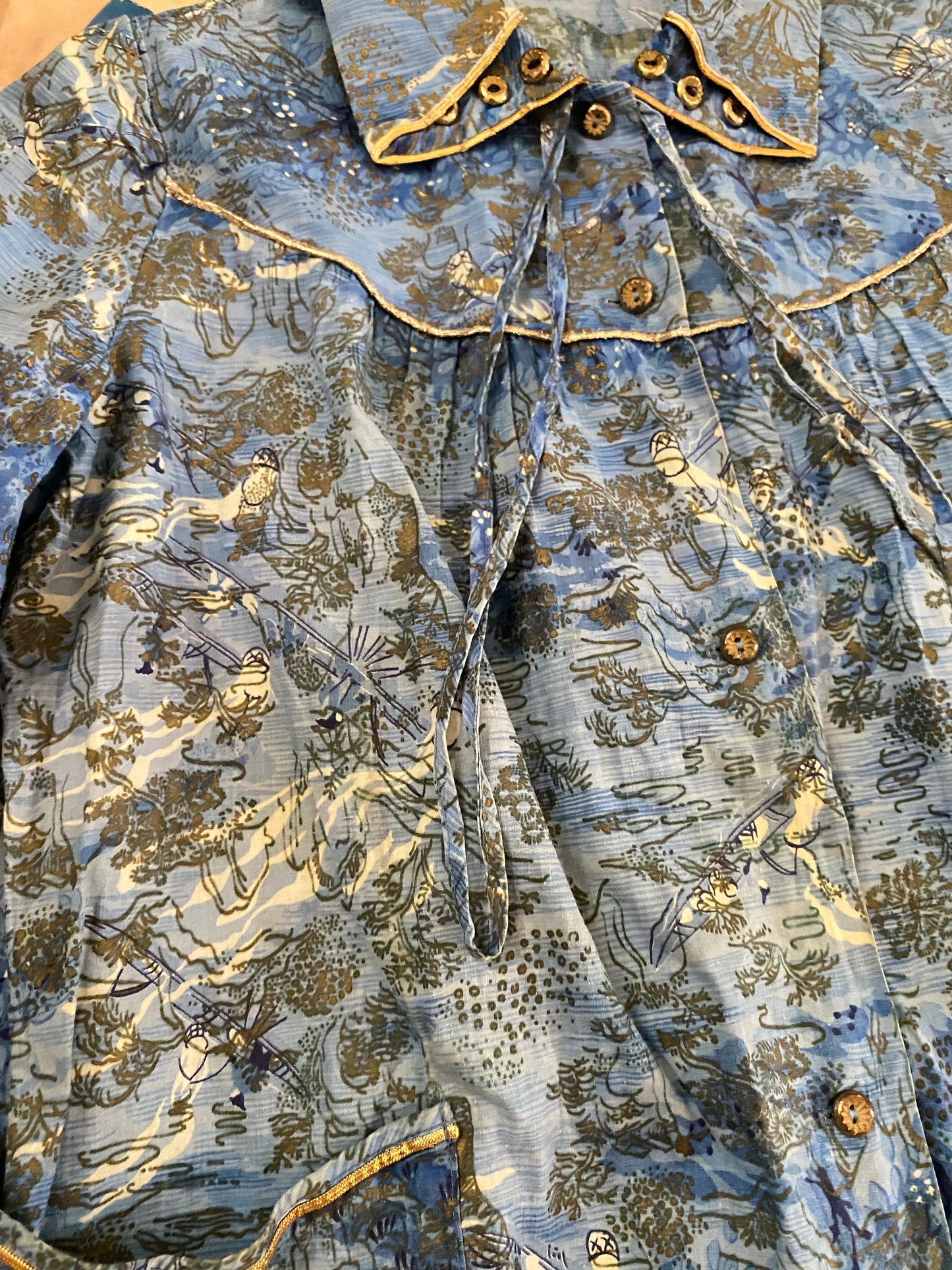 1950s Blue + Gold Cotton Chinoiserie Print Smock- M