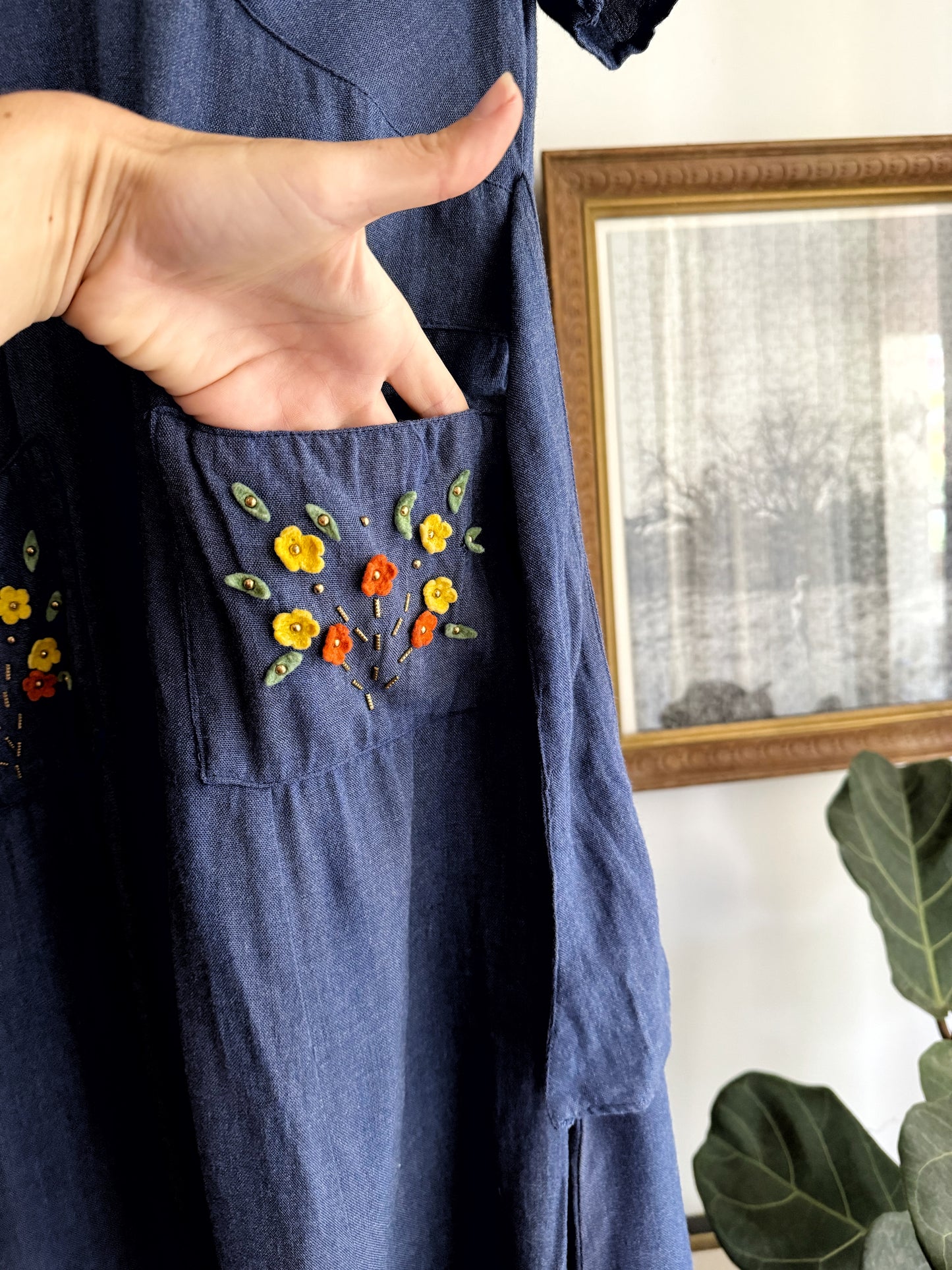 1930s Blue Day Dress w/ Puffed Shoulders + Felt Floral + Stud Pockets- S/M