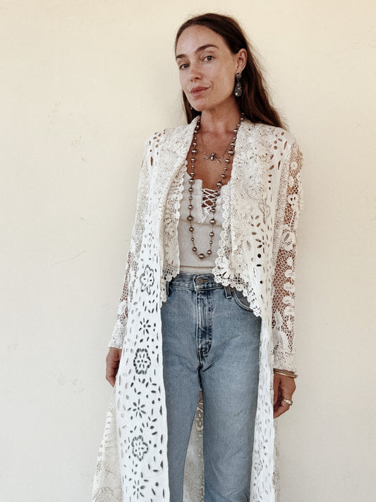 Rare Edwardian Irish Crochet Duster Coat w/ Pom Poms- M