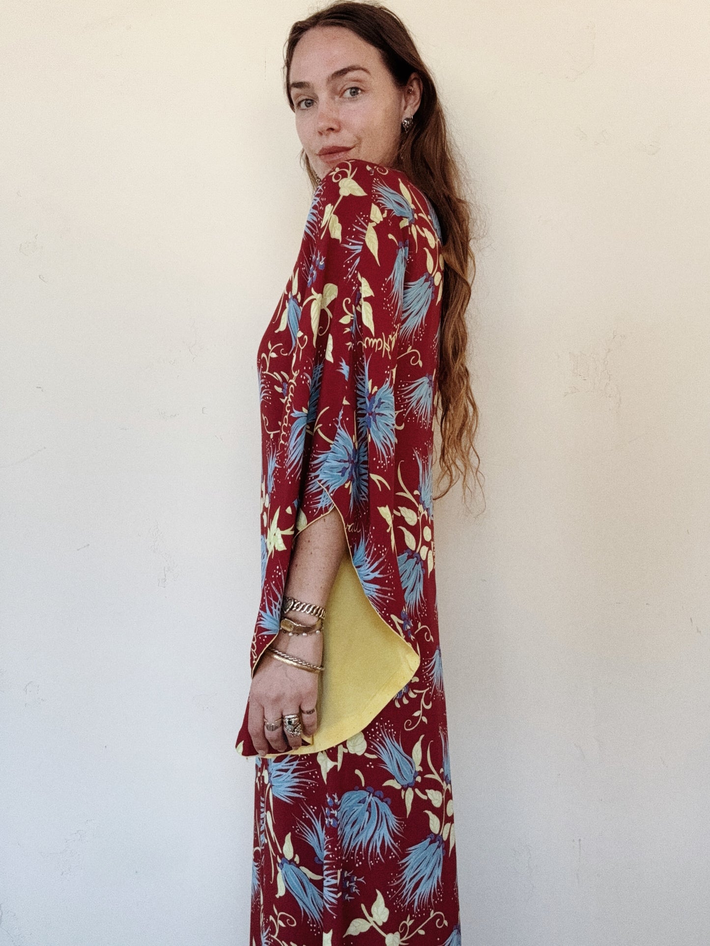 1940s Burgundy + Chartreuse Rayon Hawaiian Dress w/ Angel Sleeves- M