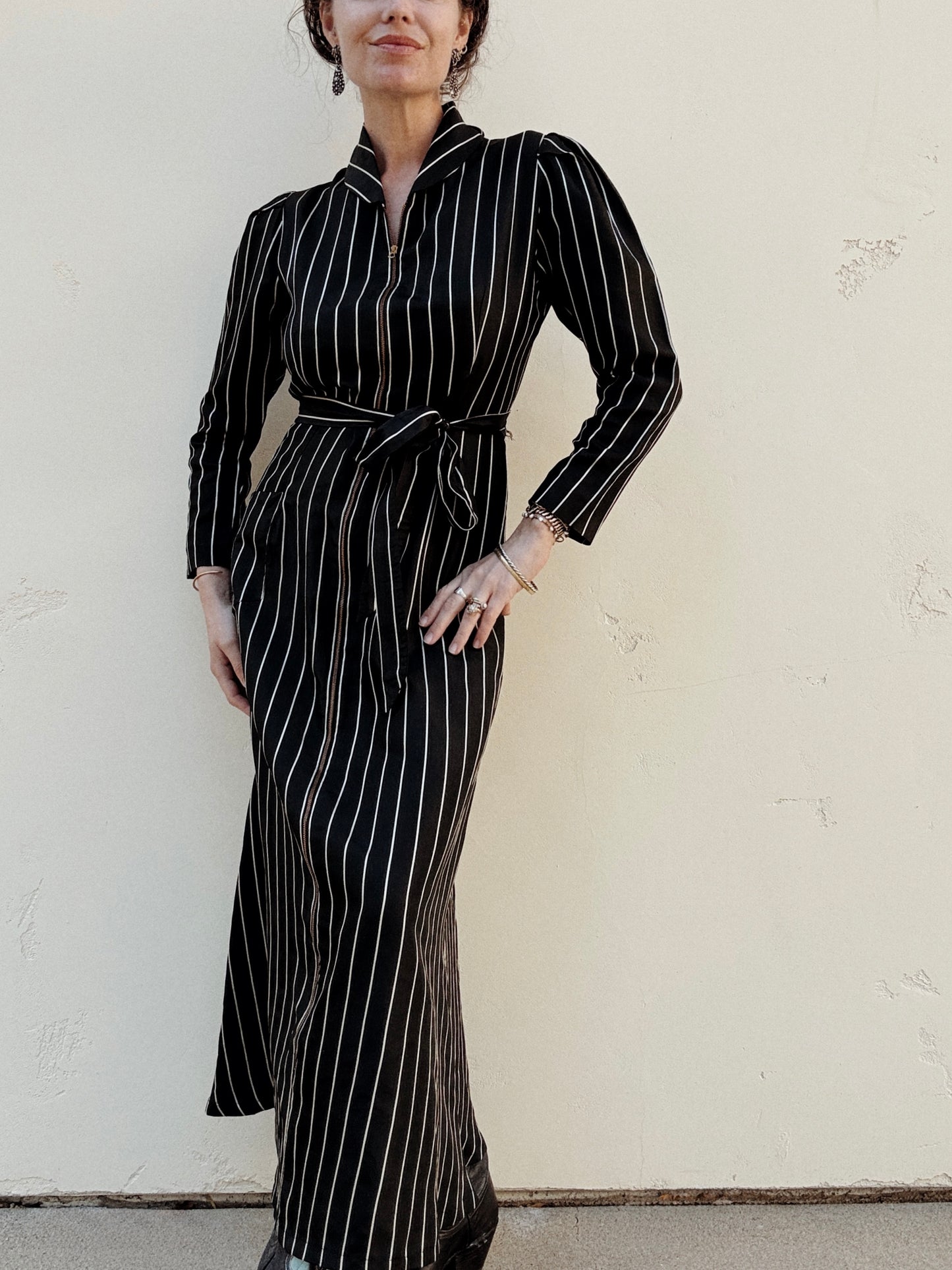 1940s Black Pinstripe Zipper Front Dressing Gown- S/M