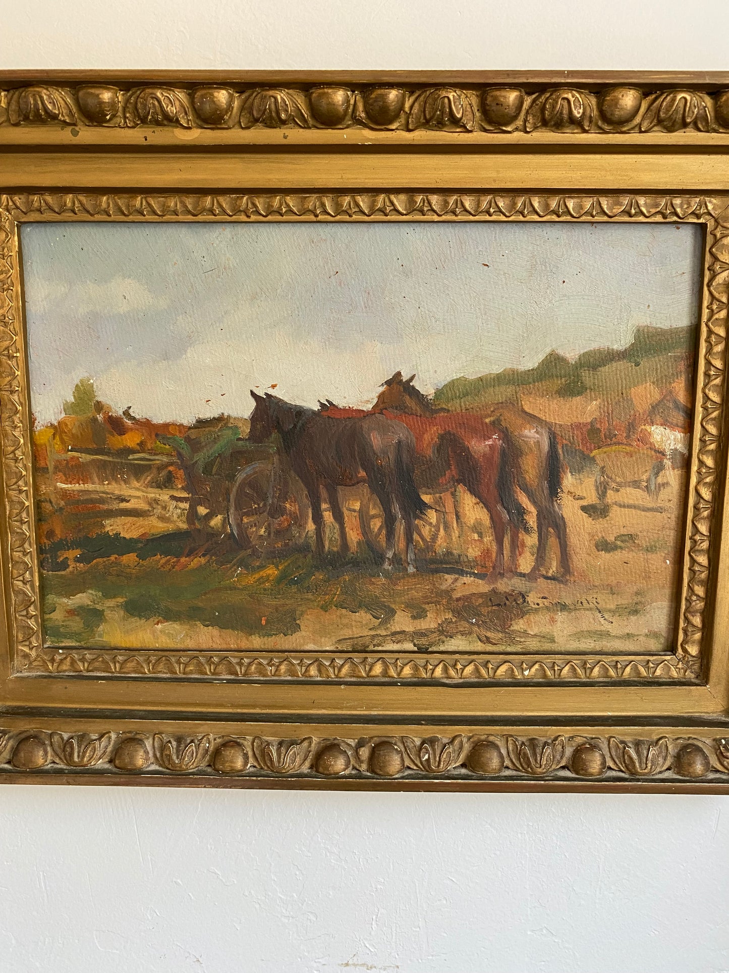Vintage Old West Horse Painting in Gesso Gilt Frame- 13x18”