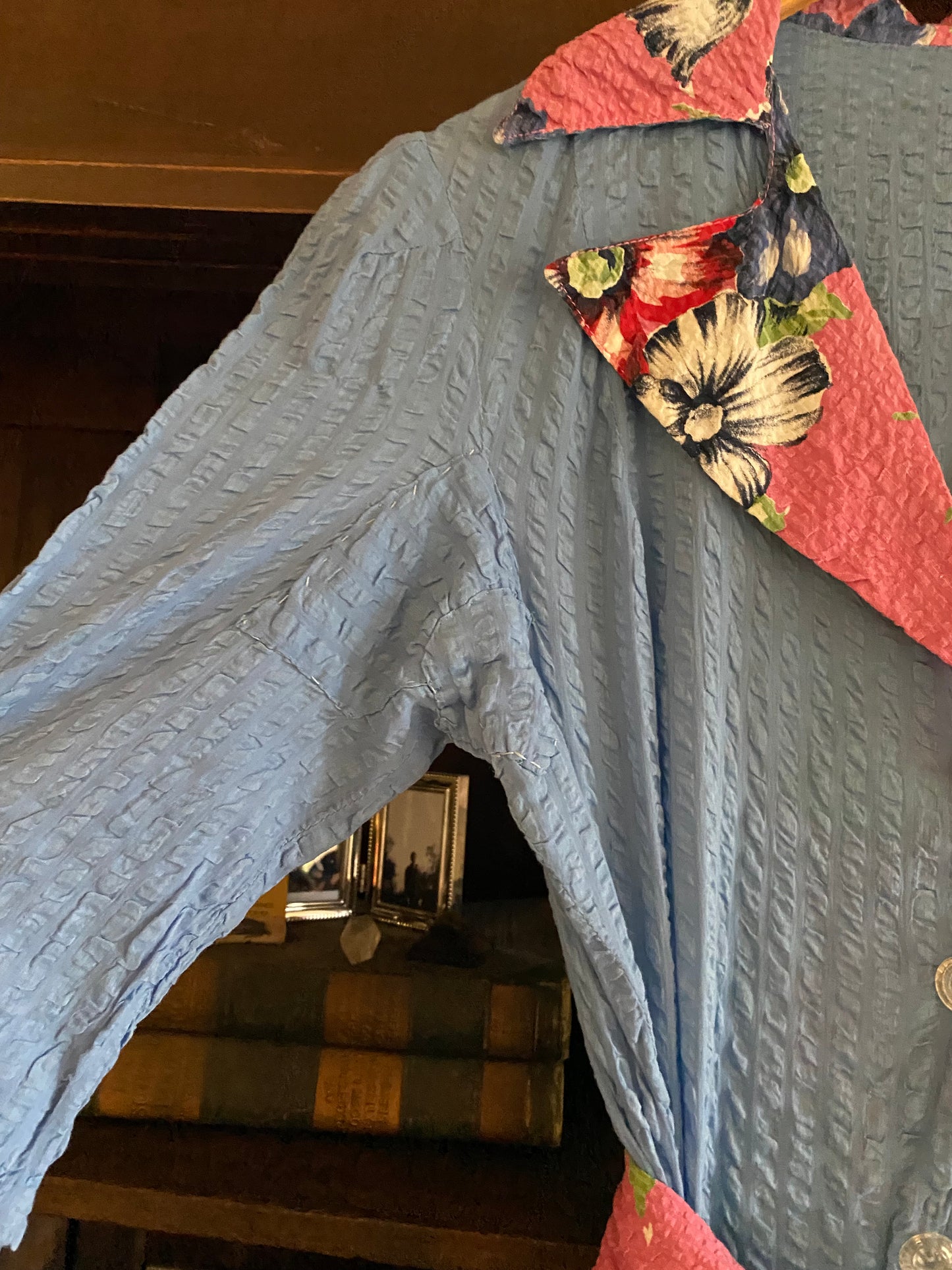 1930s/40s Blue + Pink Floral Seersucker Hostess Dress- M