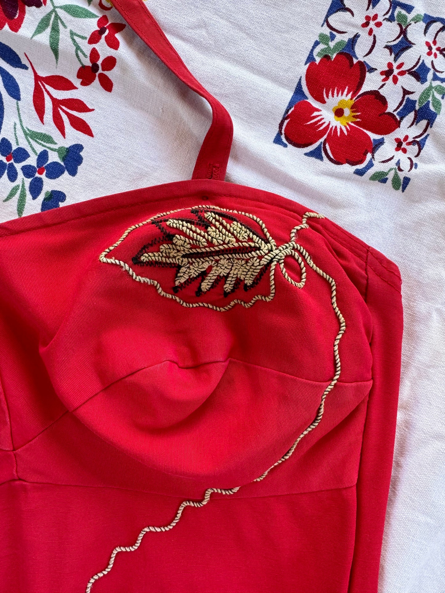 1950s Crimson Bullet Bra Halter Bathing Suit w/ Soutache Design- M/L