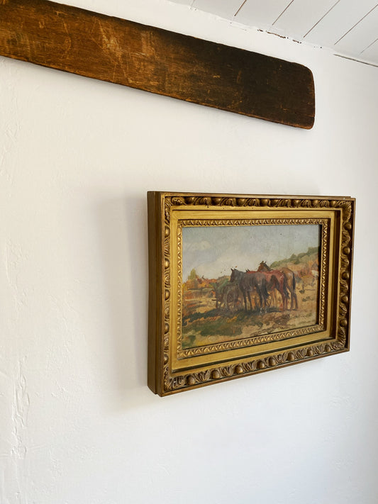 Vintage Old West Horse Painting in Gesso Gilt Frame- 13x18”