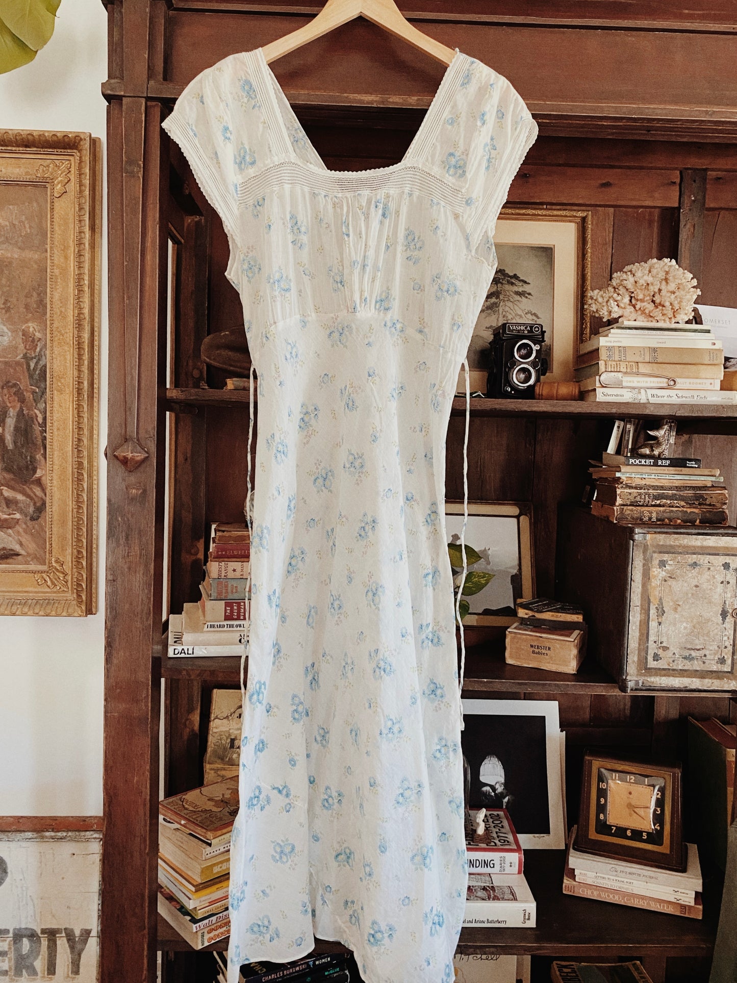 1930s/40s White + Cornflower Blue Batiste Cotton Slip Dress- M/L