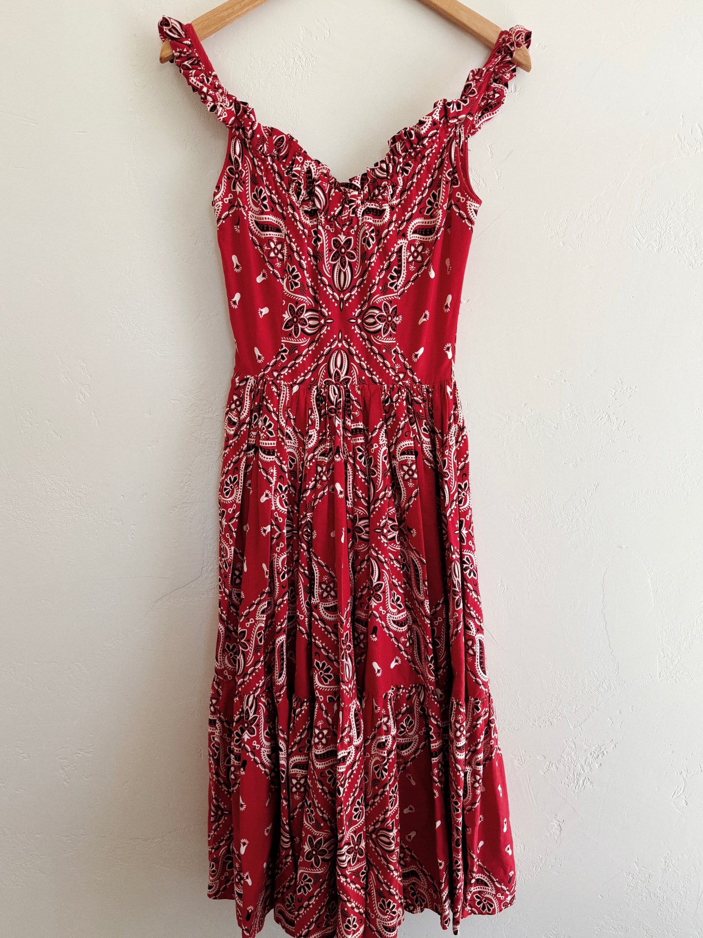 1950s Red Paisley Western Cowgirl Swing Dress- S