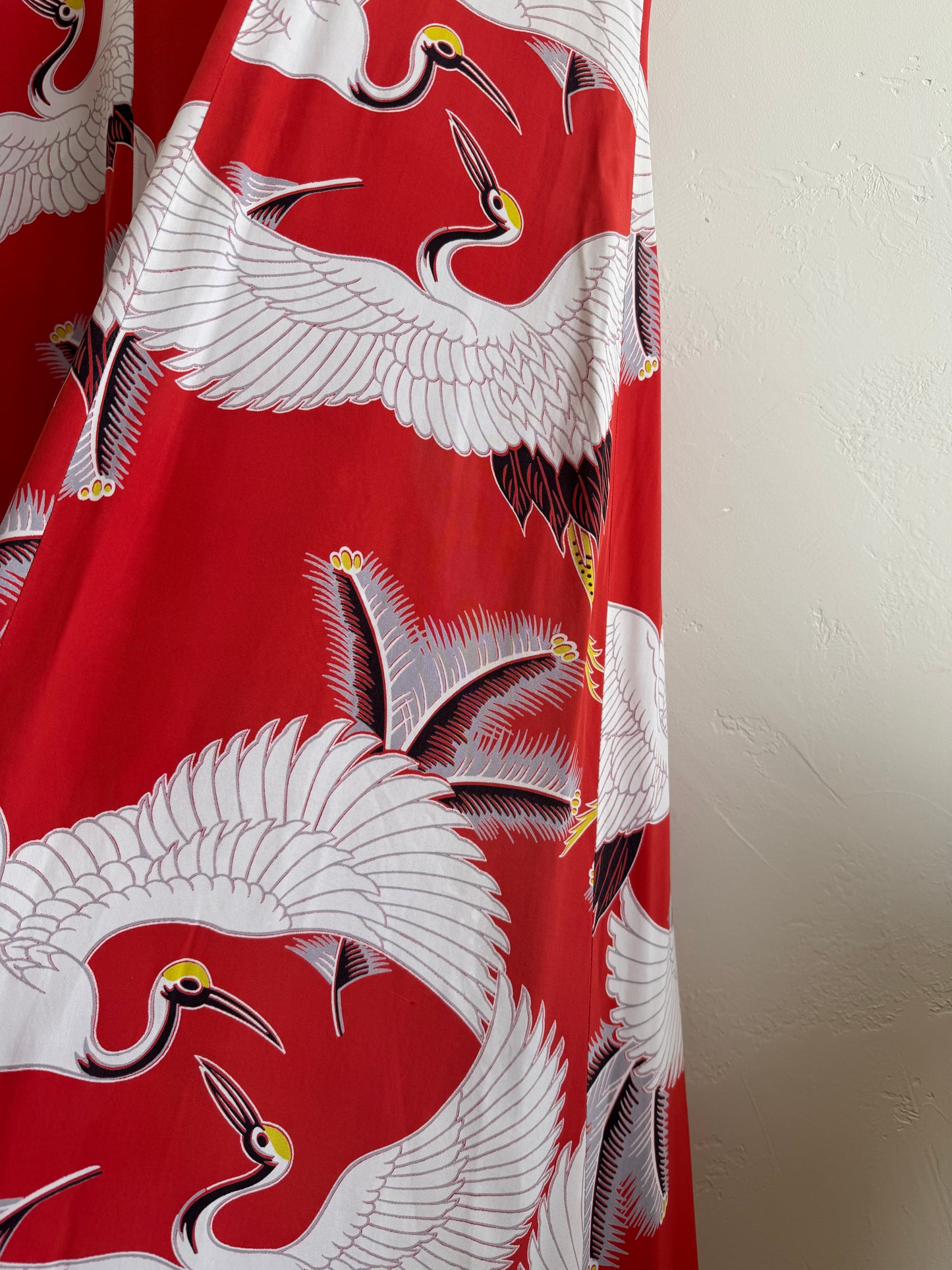 1940s Rare Red Crane Hawaiian Cold Rayon Dress- L