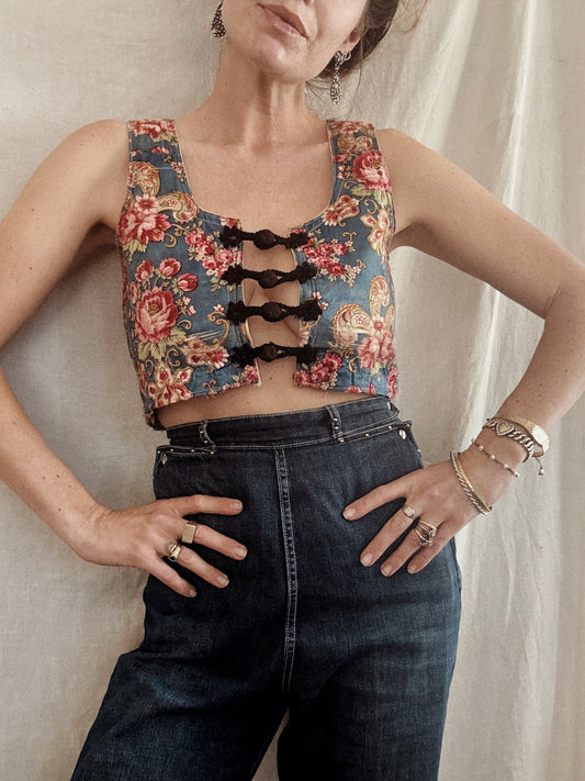 Antique Eastern European Silk Rose Folk Bodice Vest- S/M