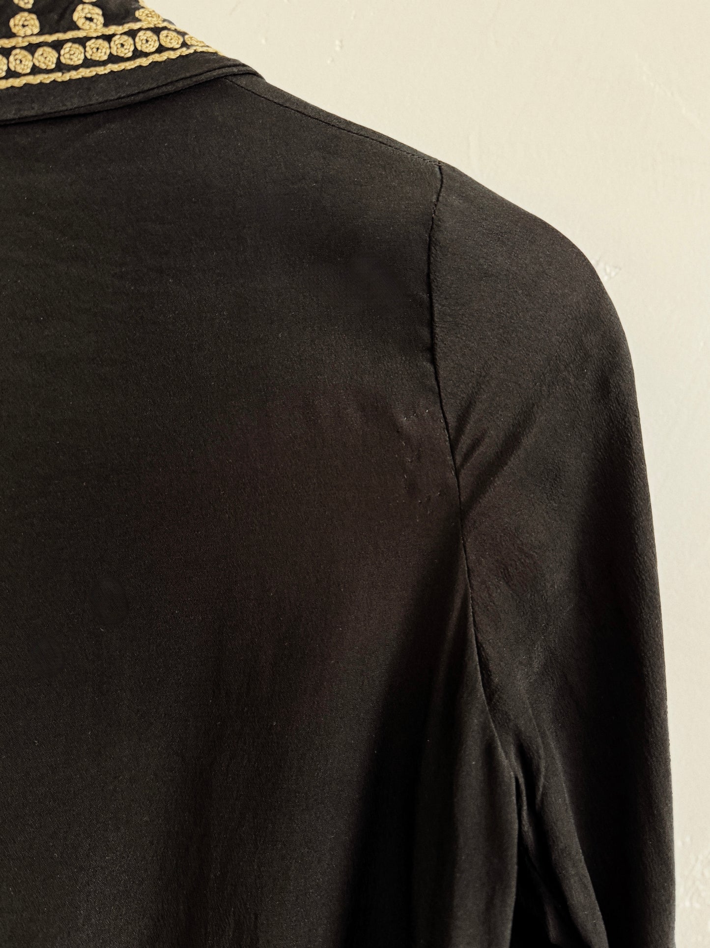 1920s/30s Grecian Black Silk Crepe Blouse w/ Gold Embroidery- S/M
