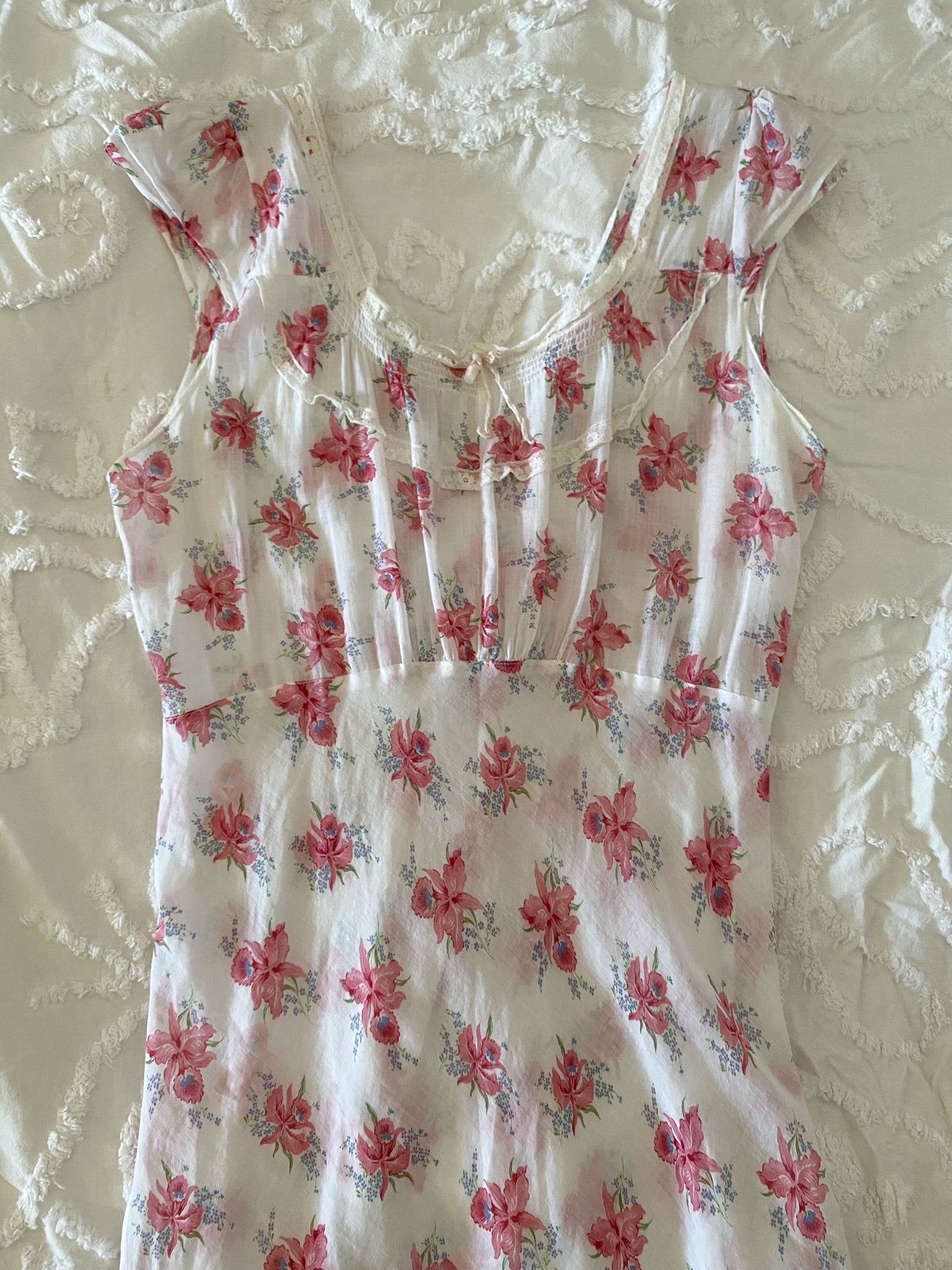 1930s/40s White Orchid Print Batiste Cotton Slip Dress- 6/8