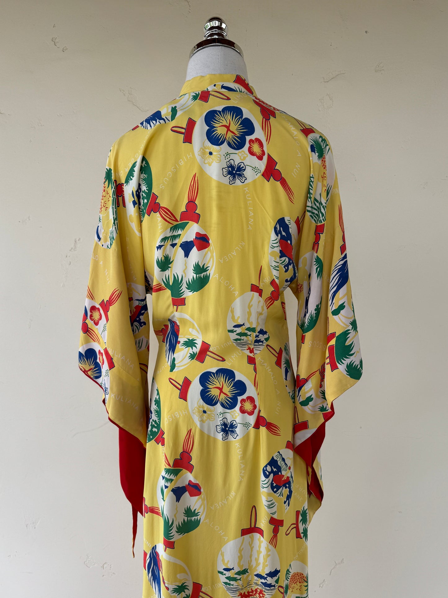 1940s Yellow Cold Rayon Hawaiian Pake Muu Dress- M/L