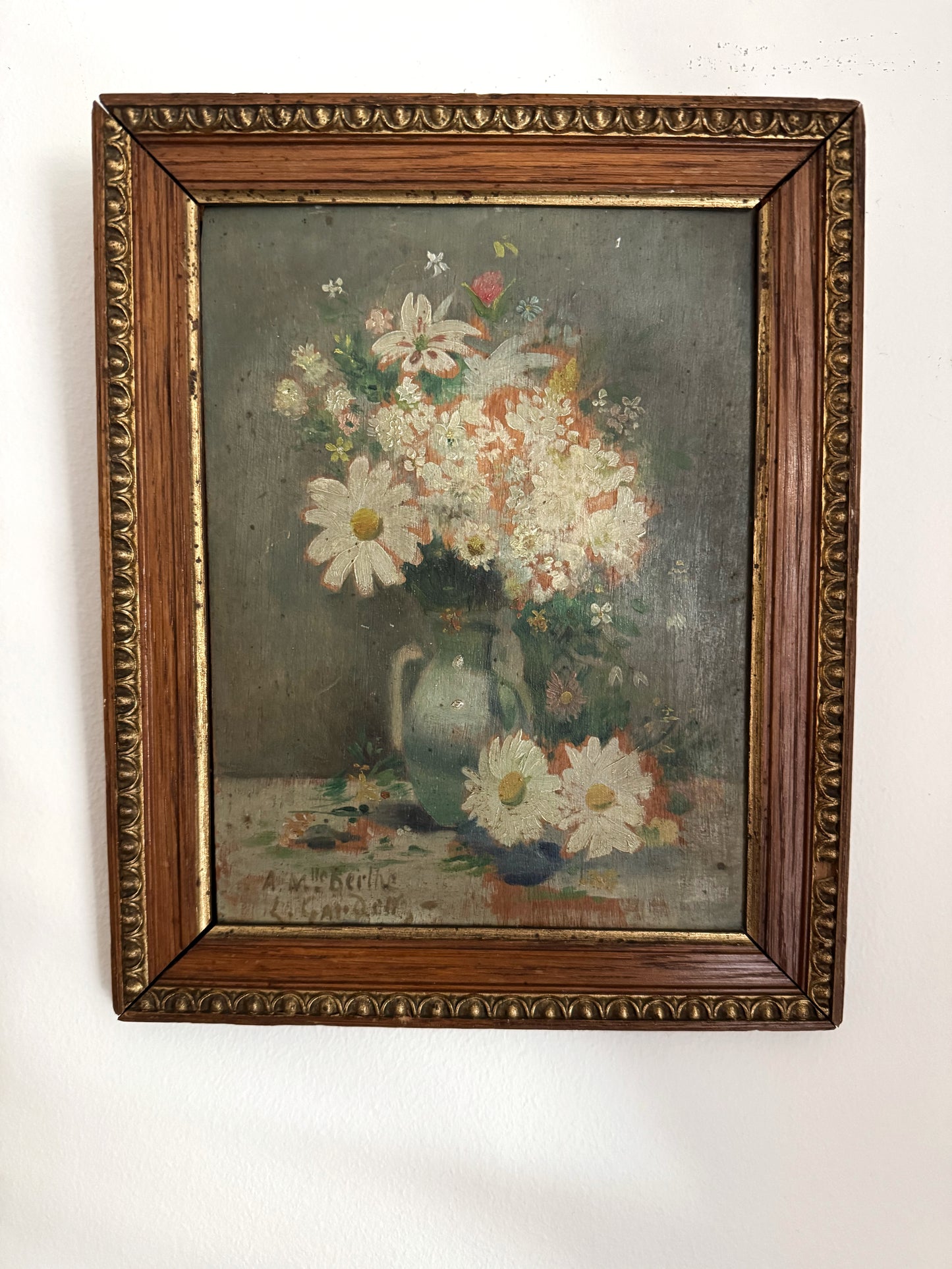 Antique French Spring Daisy Still Life. Oil on Wood- 10 x 8”