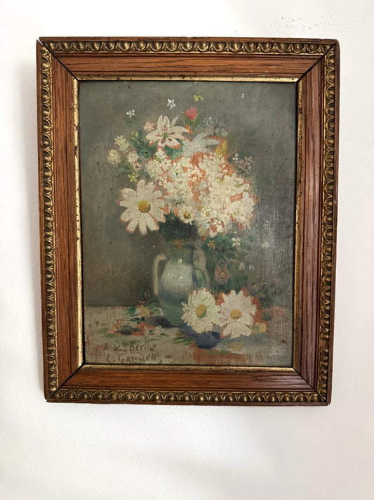 Antique French Spring Daisy Still Life. Oil on Wood- 10 x 8”