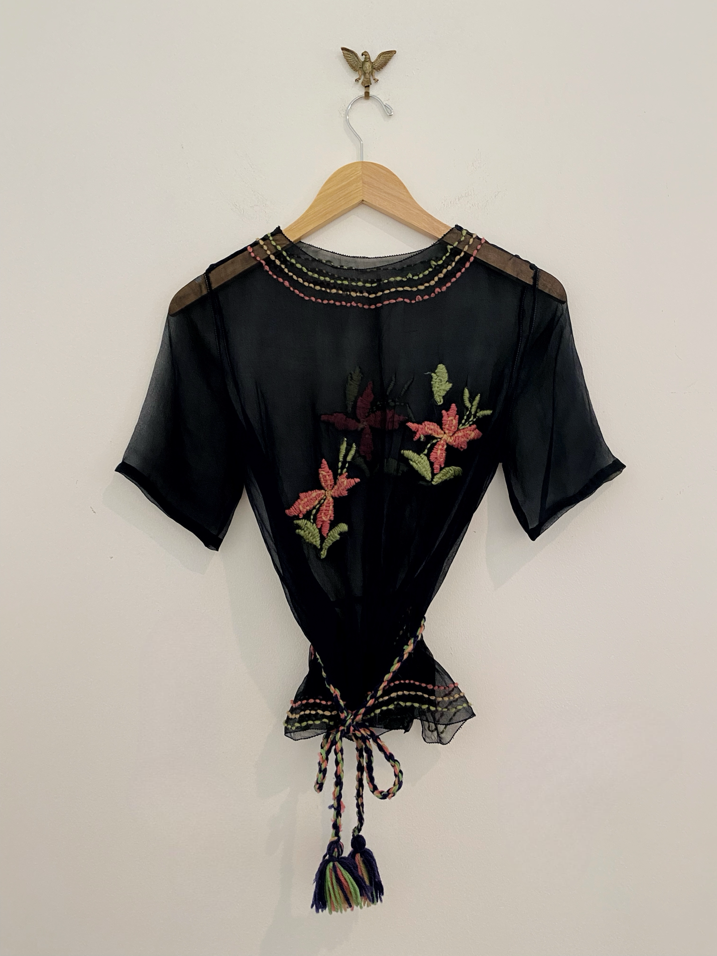 1920s Black Chiffon Top W/ Floral Embroidery- S/M