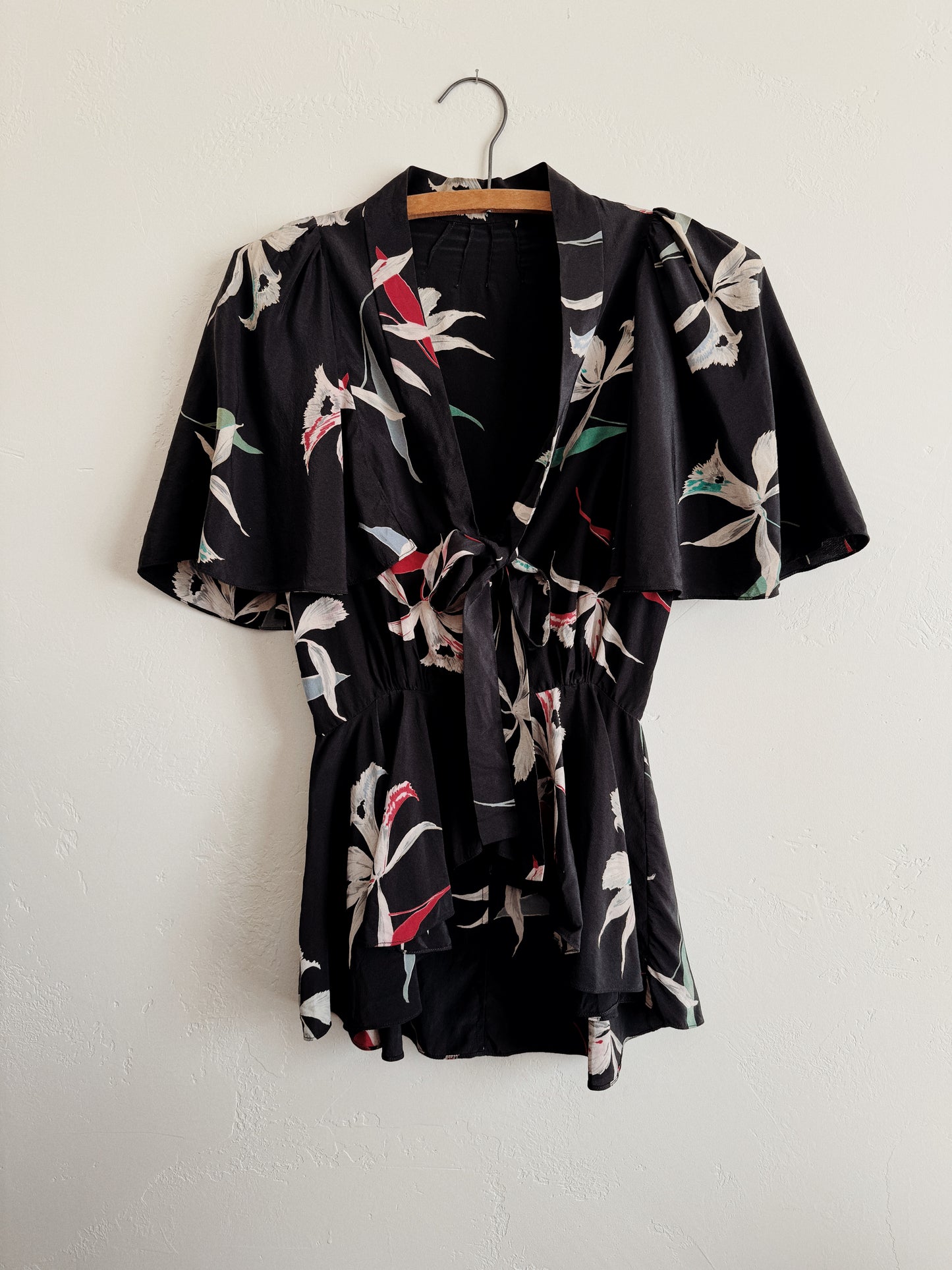 1930s/40s Black Orchid Silk Blouse w/ Flutter Sleeves- XS/S