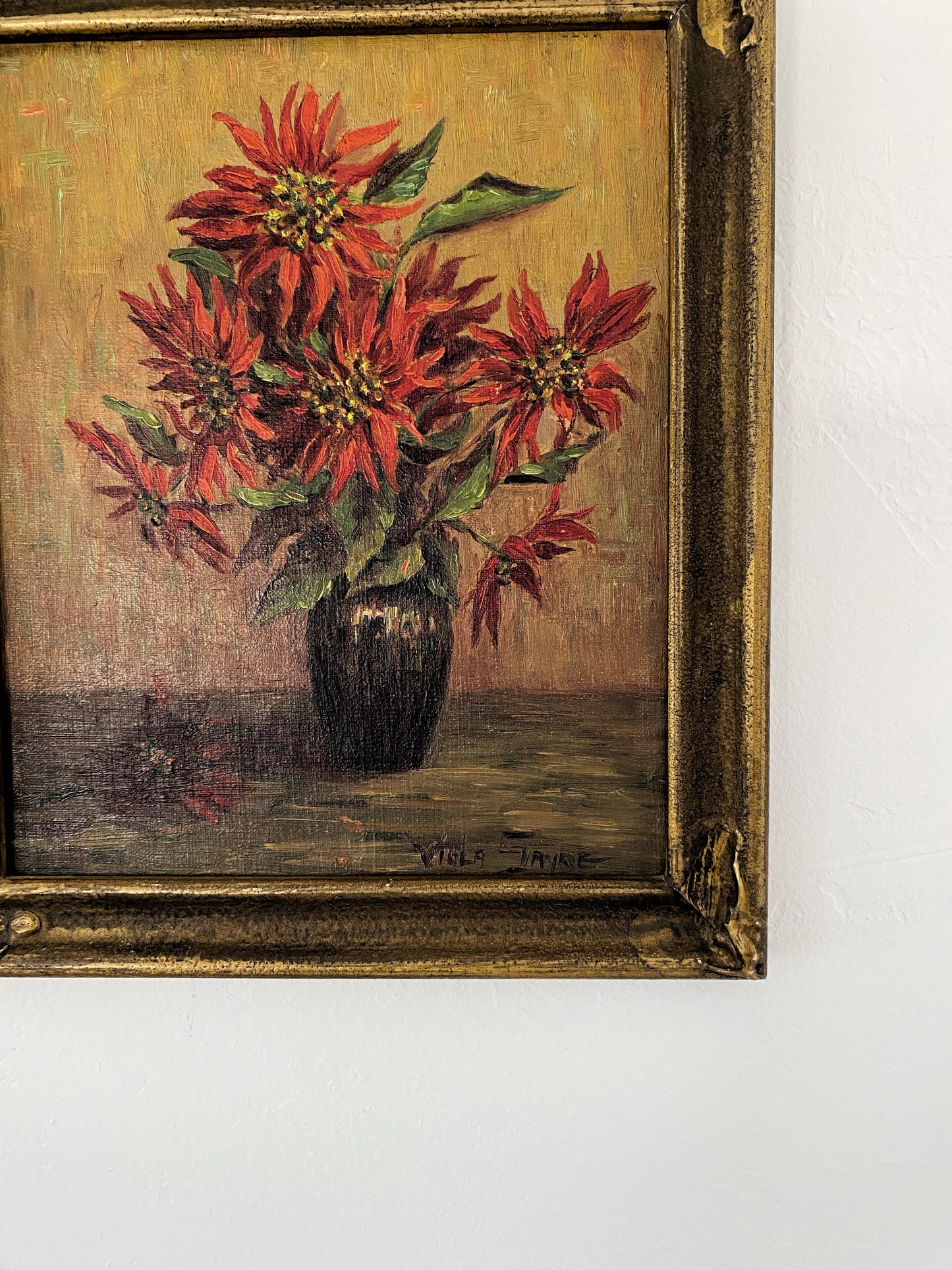 1920s/30s Red Floral Framed Still Life Signed Viola Sayer- 10x12”