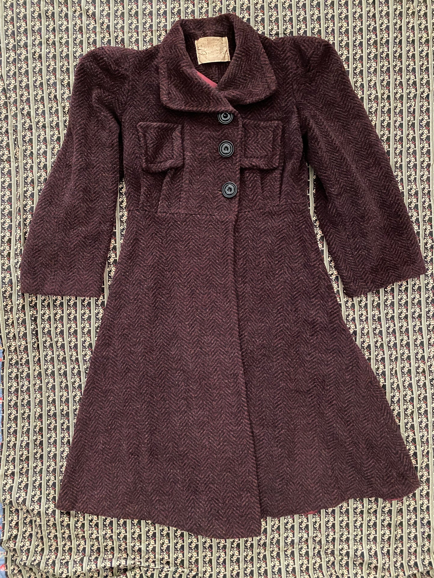 1930s Brown + Purple Chevron Puffed Sleeve Coat- M/L