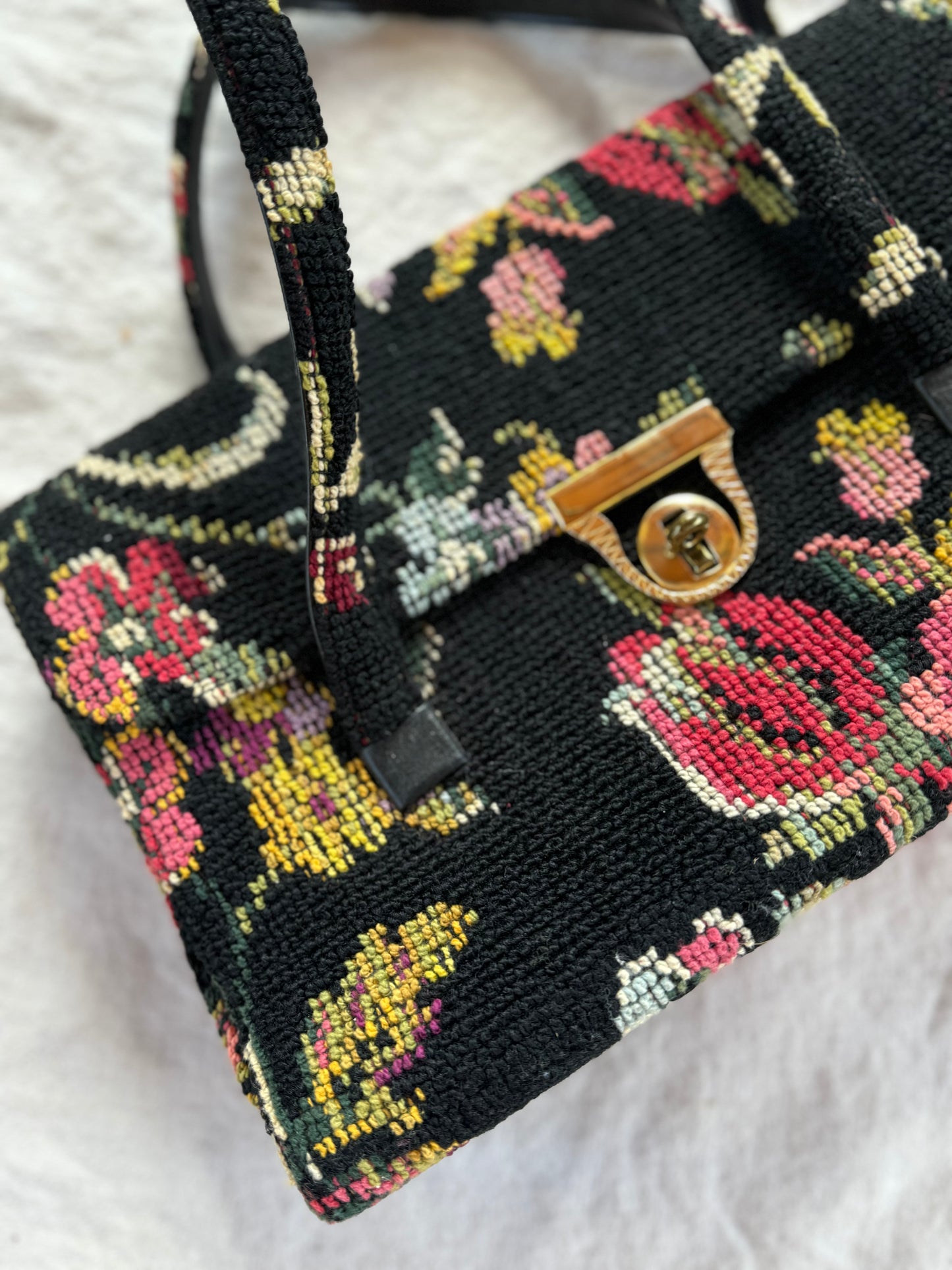 1950s/60s Large Black Floral Needlepoint Handbag