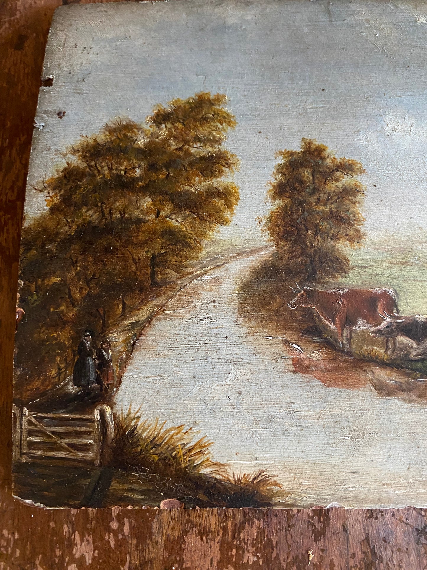 19th C. Petite English Pastoral Country Scene w/ Cows- 7x10”